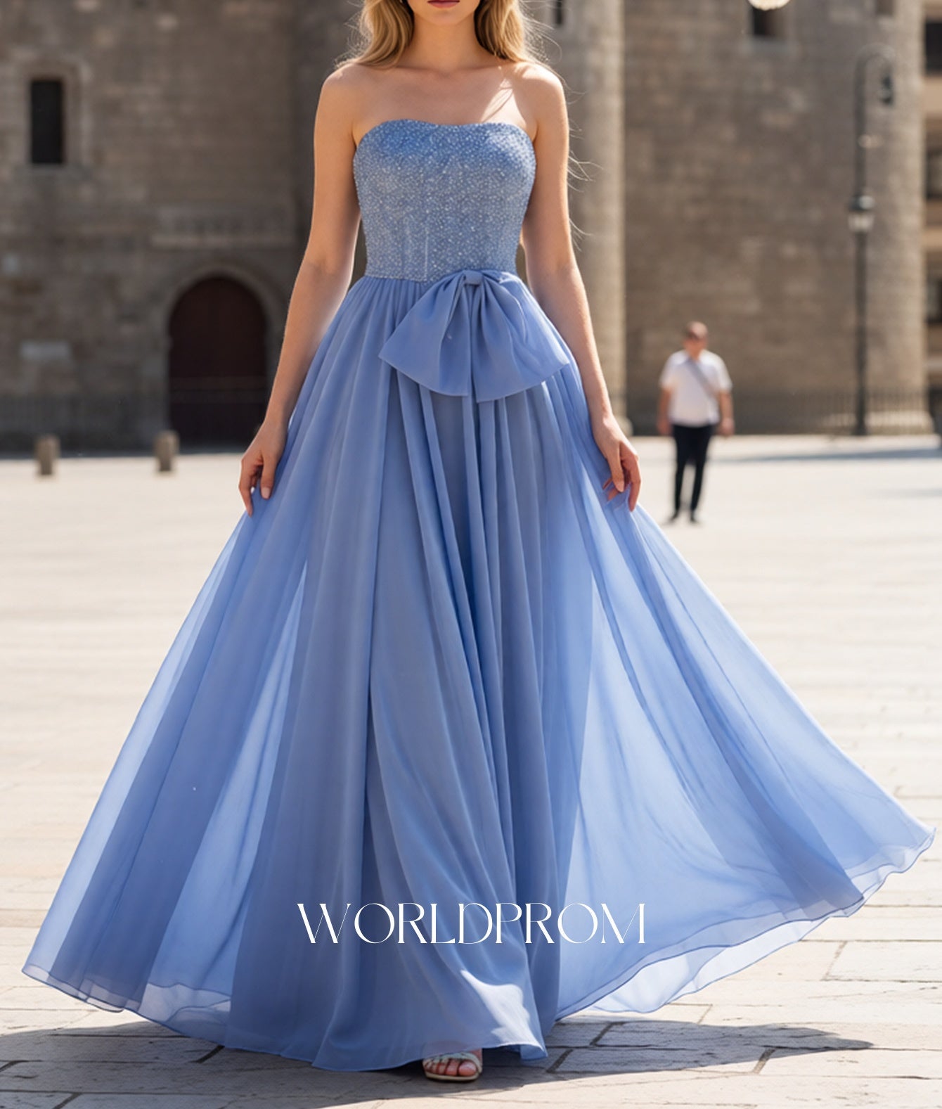 Sparkly Beading A-Line Long Prom Dress With Waist Bow - Light Blue