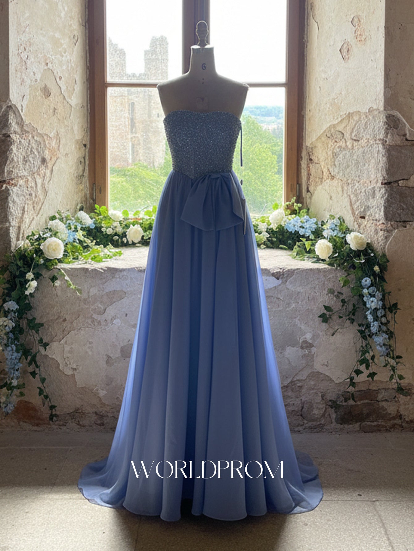 Sparkly Beading A-Line Long Prom Dress With Waist Bow - Light Blue
