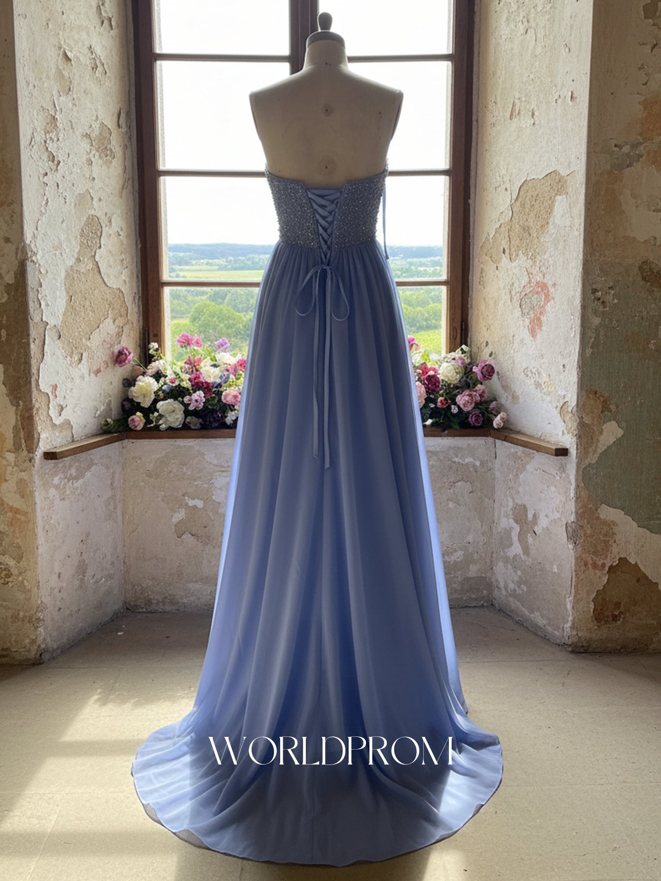 Sparkly Beading A-Line Long Prom Dress With Waist Bow - Light Blue
