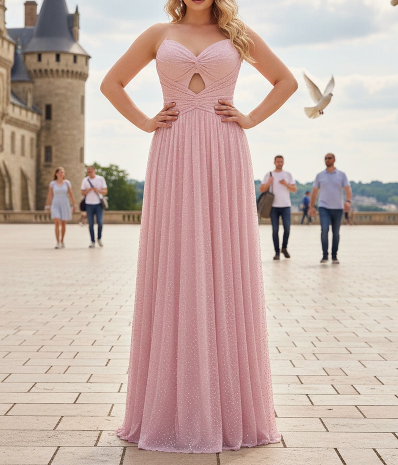 Hot Fix Crystal Cut Front Pleated A-Line Long Prom Dress - Blush Pink