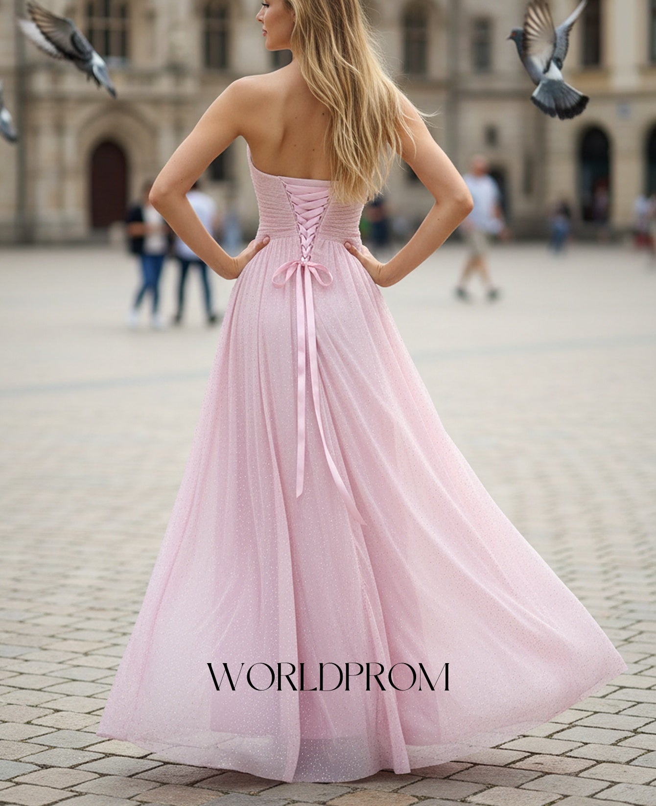 Hot Fix Crystal Cut Front Pleated A-Line Long Prom Dress - Blush Pink