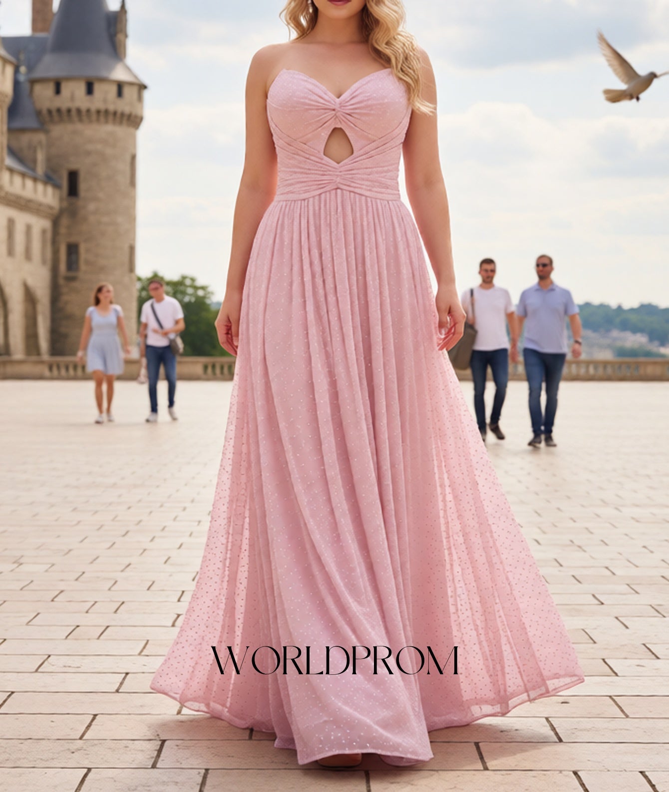 Hot Fix Crystal Cut Front Pleated A-Line Long Prom Dress - Blush Pink