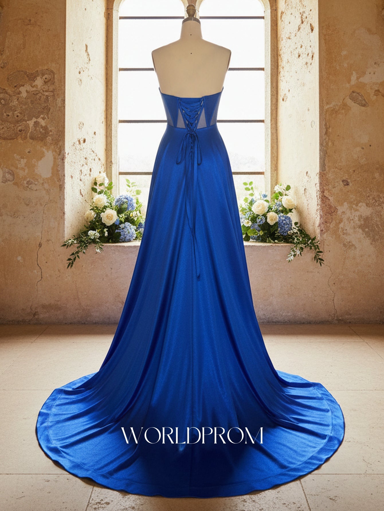 V-Neck Hot Fix Crystal Illusion Pleated A-Line Long Prom Dress - Royal Blue