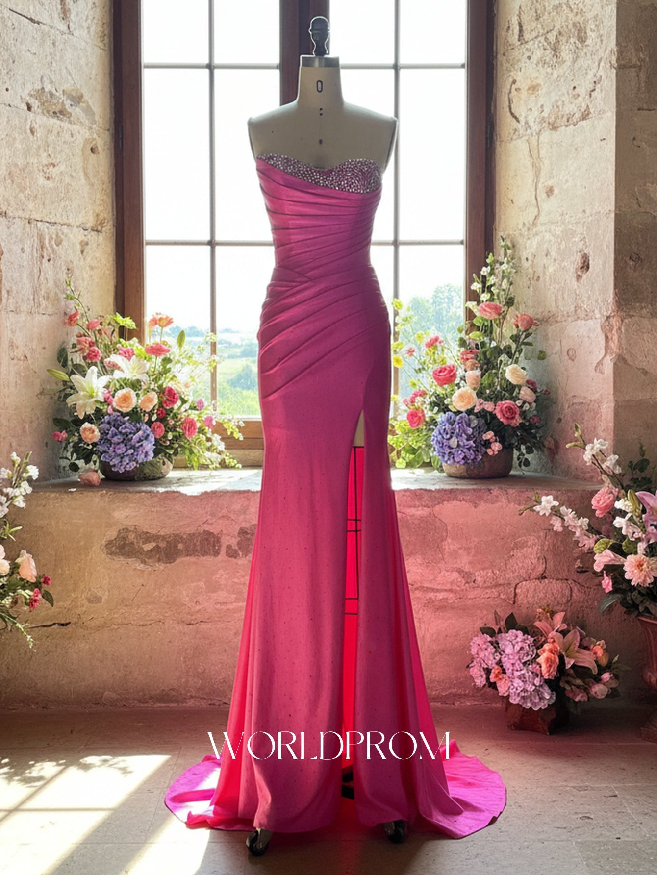 Ruched Bust Hot Fix Crystal Pleated Backless Mermaid Long Prom Dress With Slit - Hot Pink