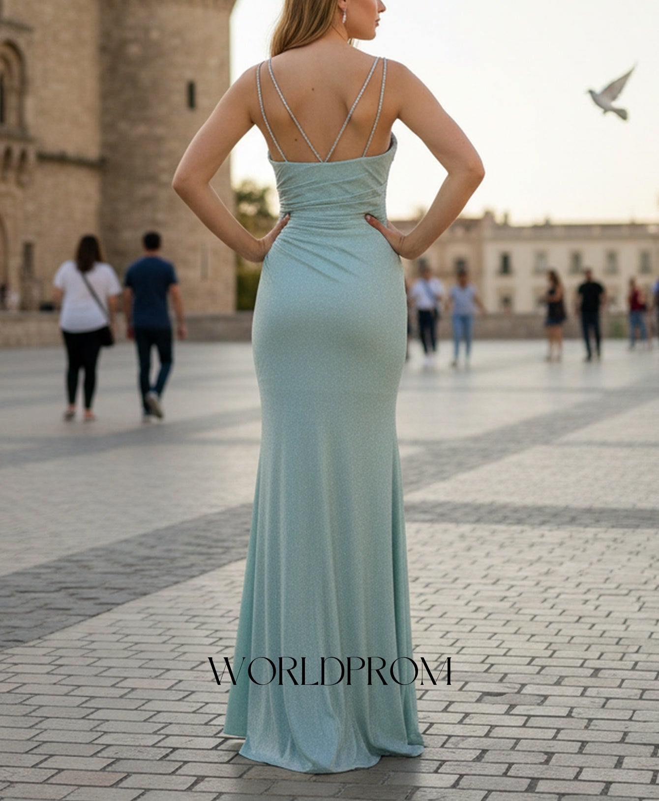 Crystal Spaghetti Shoulder Straps Pleated Mermaid Long Prom Dress With Slit - Mint Green