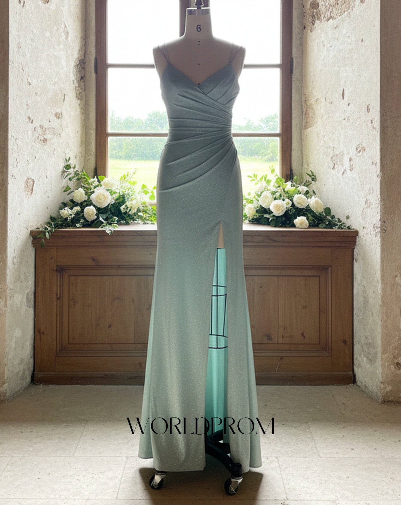 Crystal Spaghetti Shoulder Straps Pleated Mermaid Long Prom Dress With Slit - Mint Green