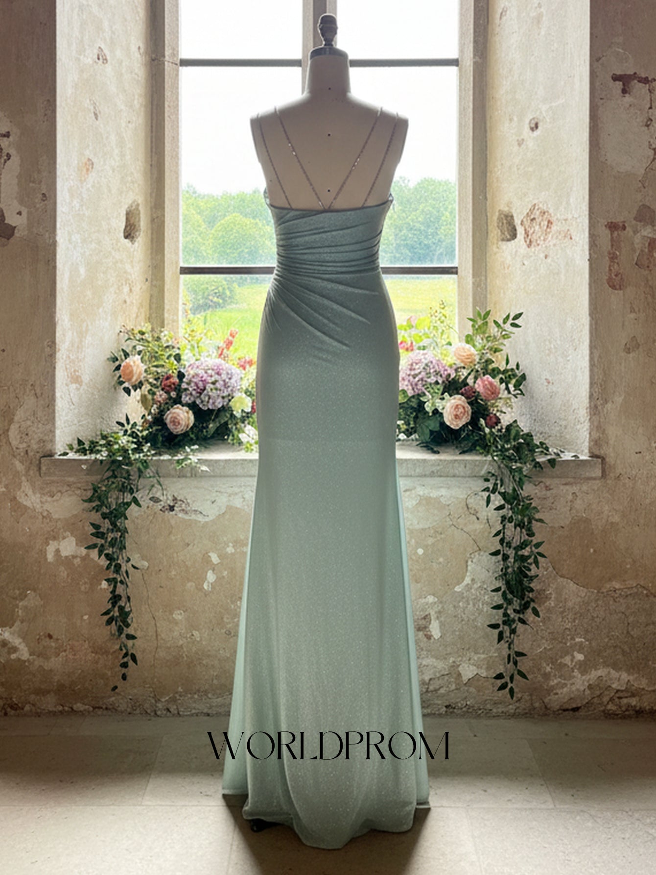 Crystal Spaghetti Shoulder Straps Pleated Mermaid Long Prom Dress With Slit - Mint Green