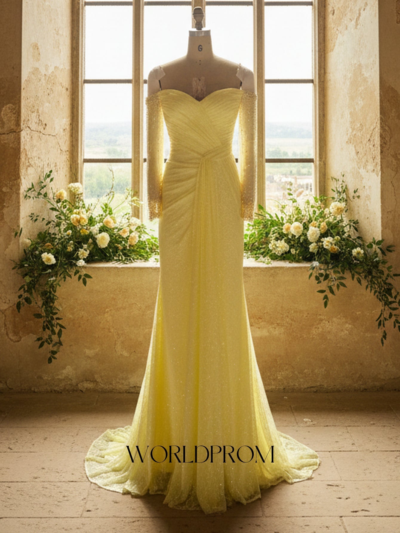 Off Shoulder Sparkly Beading Pleated Lace Mermaid Long Prom Dress With Waist Drop - Goose Yellow