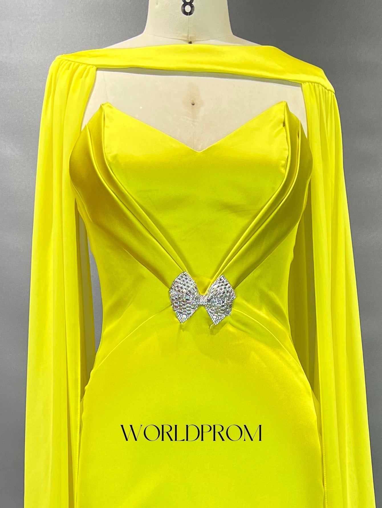 Bow Front Spaghetti Shoulder Straps Pleated Mermaid Long Prom Dress With Shawl - Yellow