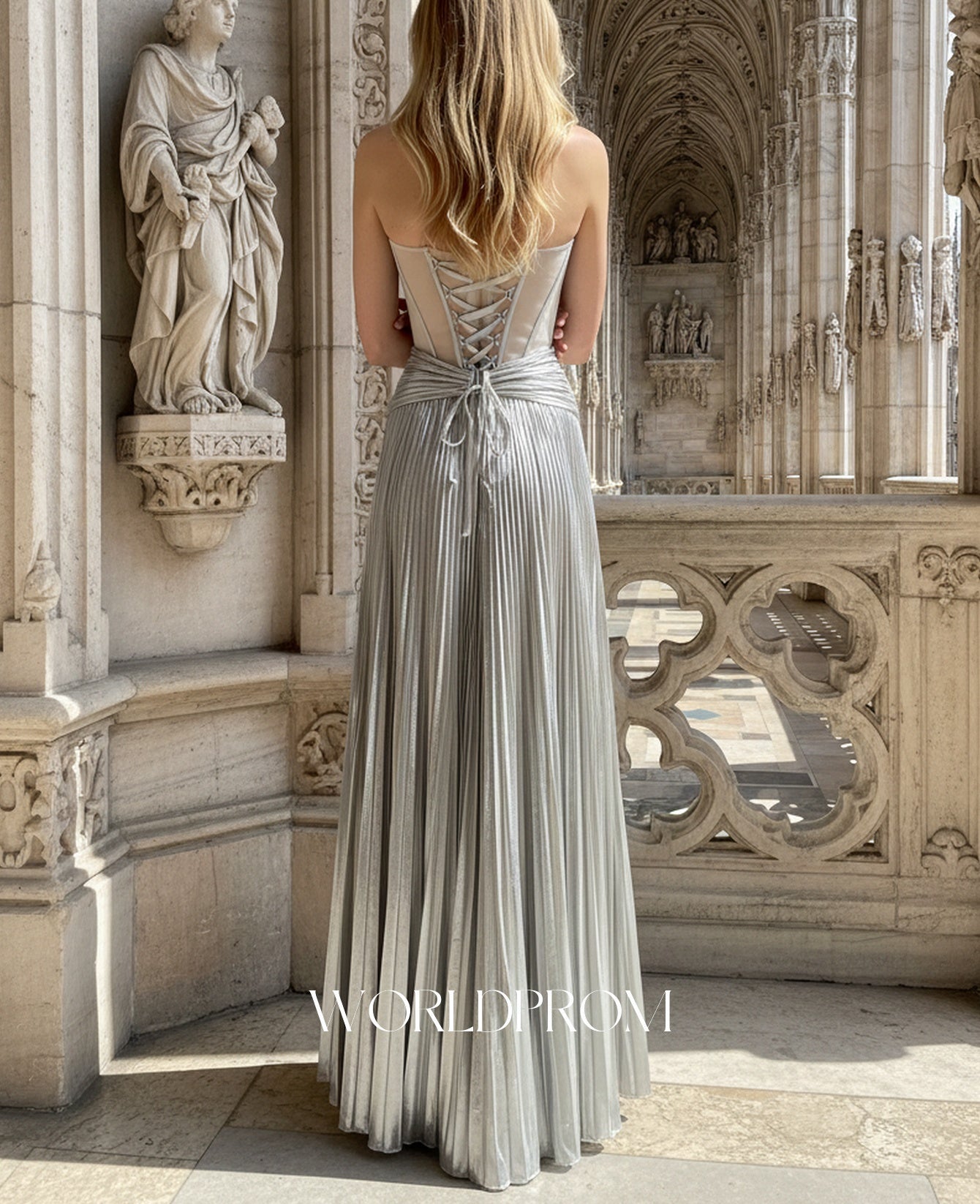 Hot Fix Crystal Illusion Pleated Bodice A-Line Long Prom Dress - Silver