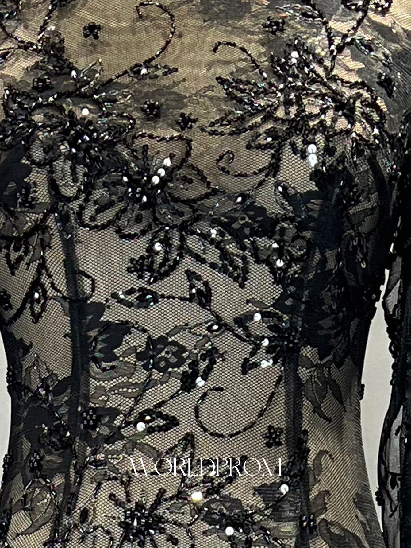 Long Sleeve Sparkly Beading Lace Illusion Mermaid Long Prom Dress - Black