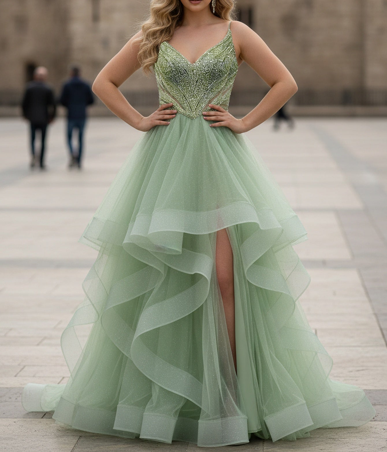 Sparkly Beading Spaghetti Shoulder Straps Backless Layered Ruffle Hem Long Prom Dress - Mint Green