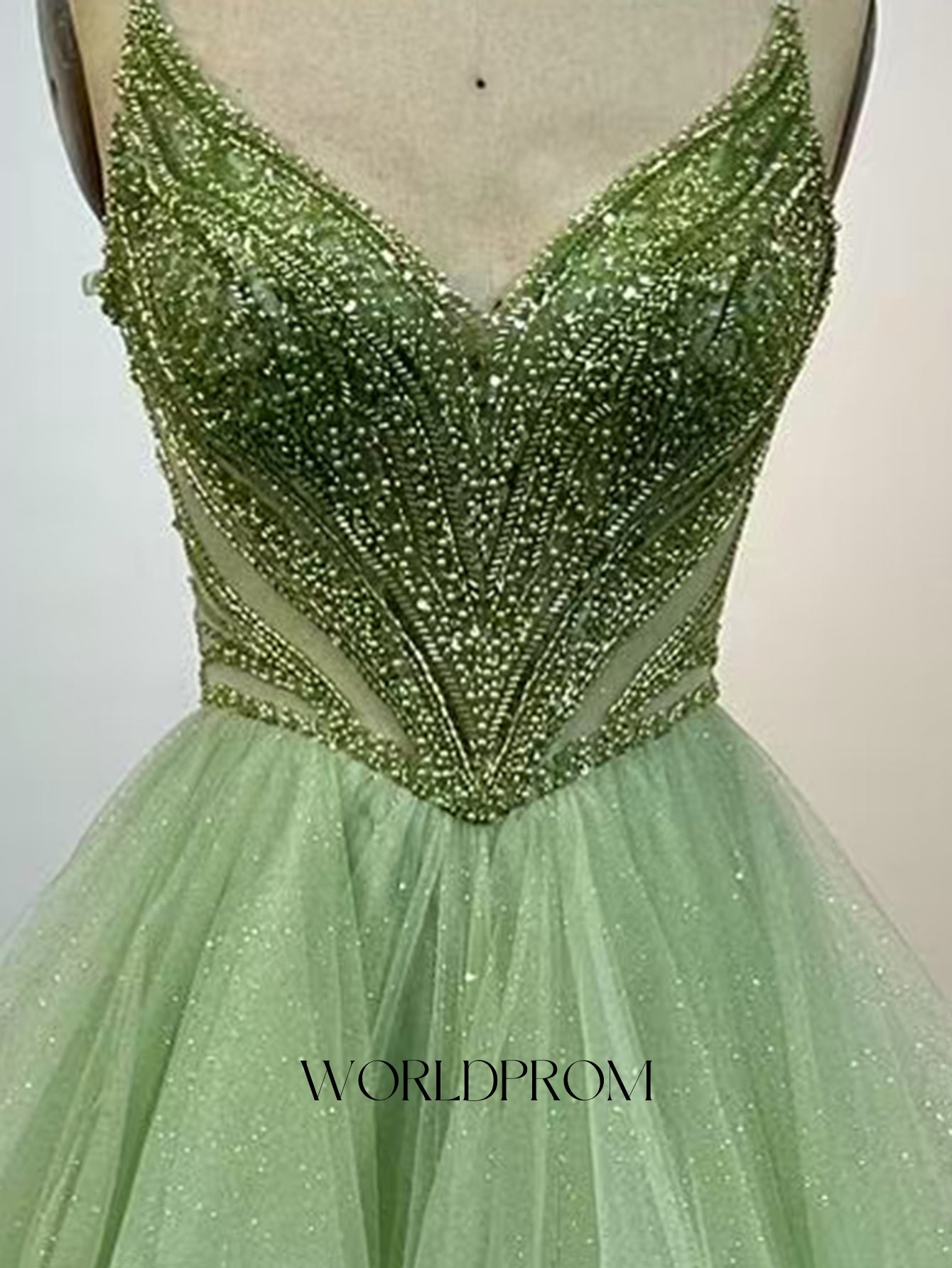 Sparkly Beading Spaghetti Shoulder Straps Backless Layered Ruffle Hem Long Prom Dress - Mint Green