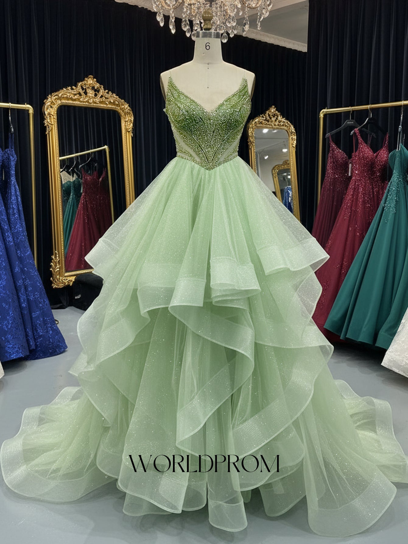 Sparkly Beading Spaghetti Shoulder Straps Backless Layered Ruffle Hem Long Prom Dress - Mint Green