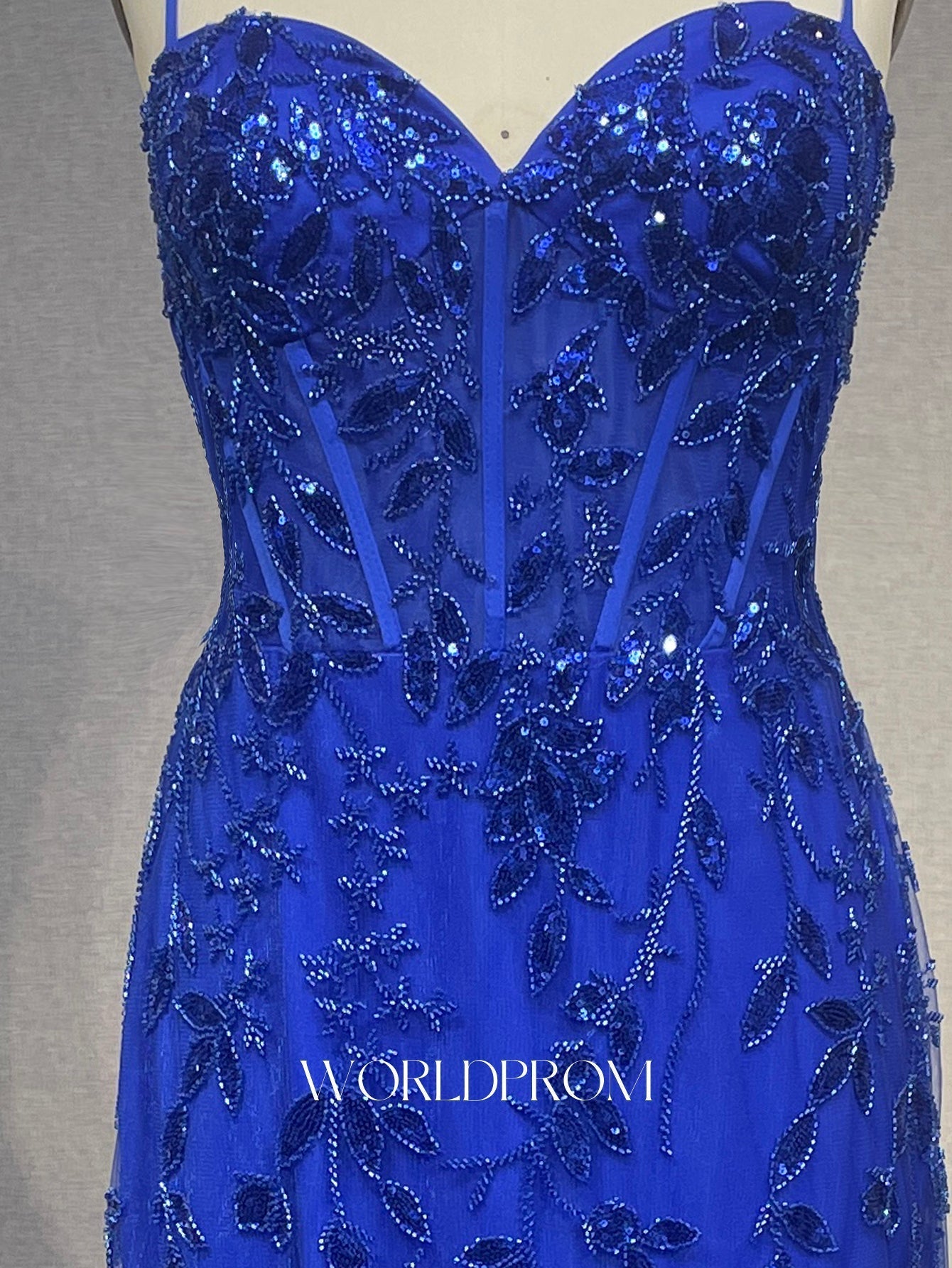 Sparkly Beading Spaghetti Shoulder Straps Bodice Mermaid Long Prom Dress With Slit - Royal Blue
