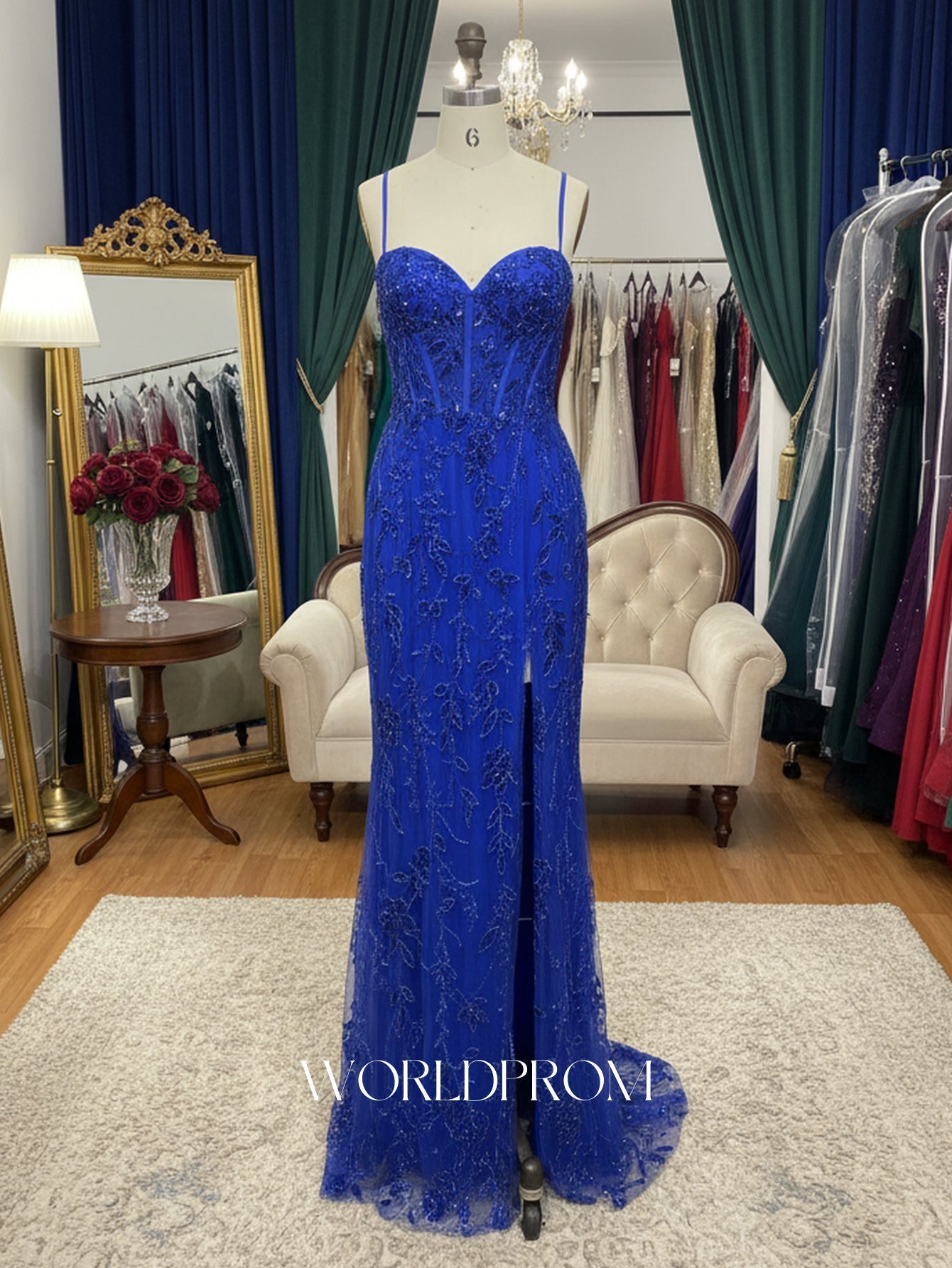Sparkly Beading Spaghetti Shoulder Straps Bodice Mermaid Long Prom Dress With Slit - Royal Blue