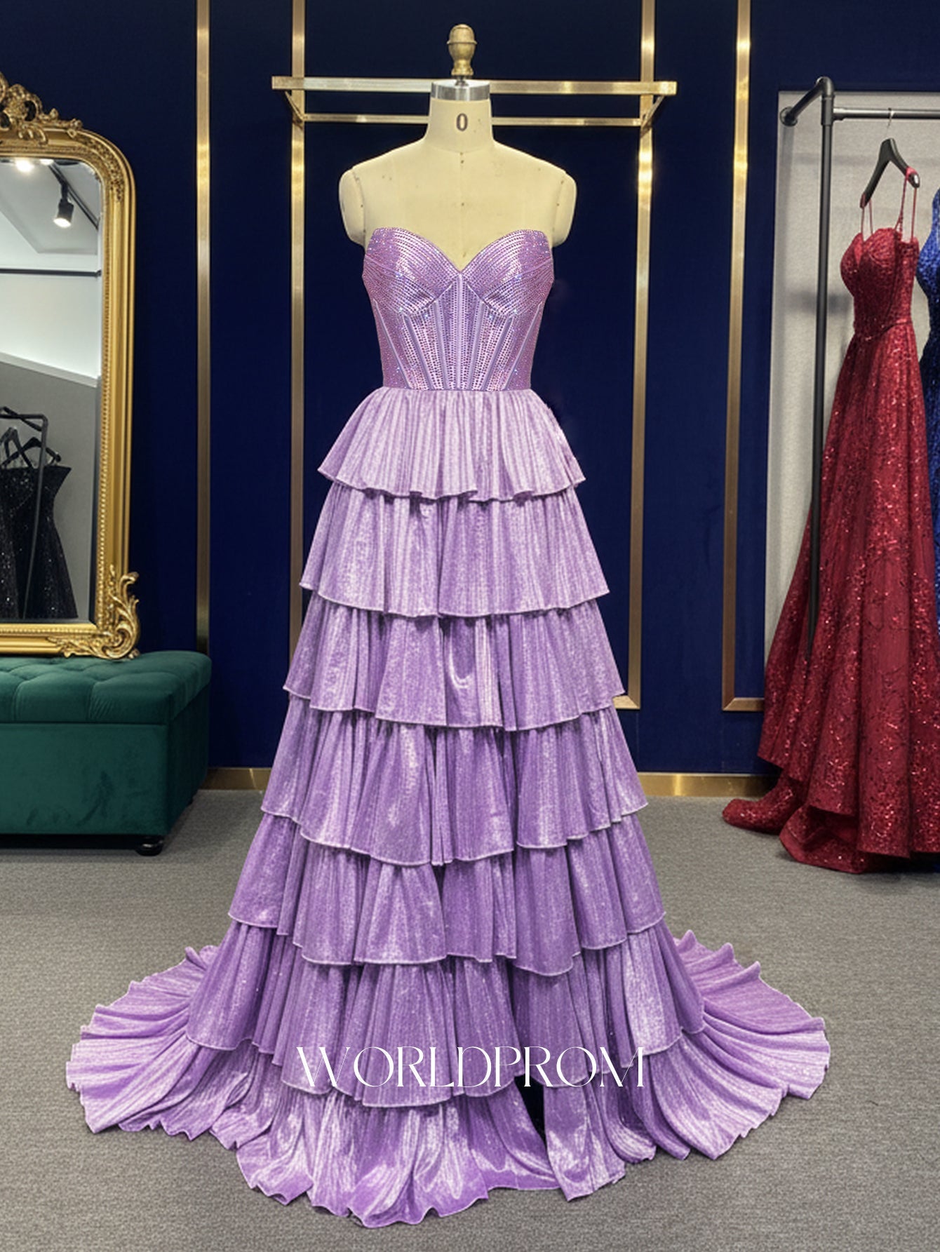 Hot Fix Crystal Pleated Layered Ruffle Hem Long Ball Gown Prom Dress With Slit - Purple