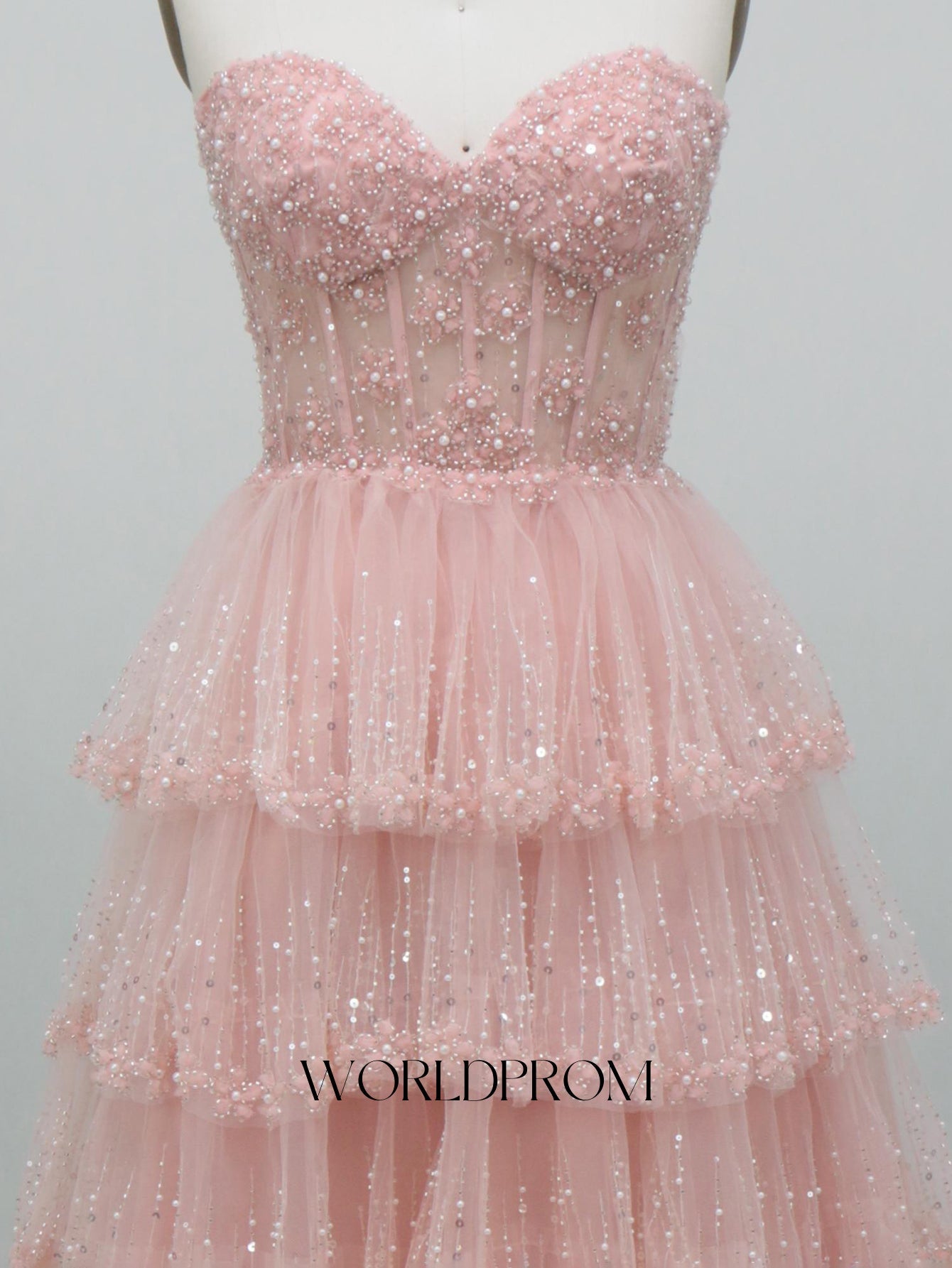 Sweetheart Sparkly Beading Illusion Layered Ruffle Hem Long Prom Dress With Slit - Light Pink