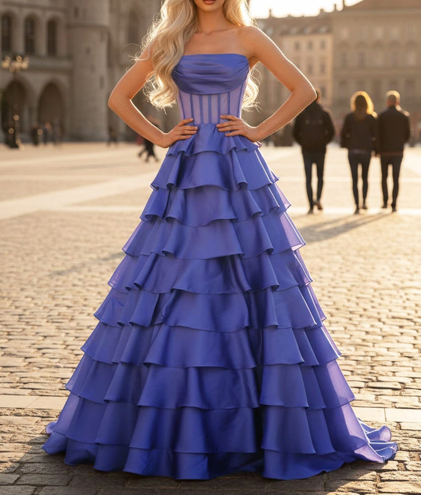 Ruched Bust Illusion Bodice Layered Ruffle Hem Long Ball Gown Prom Dress - Purple
