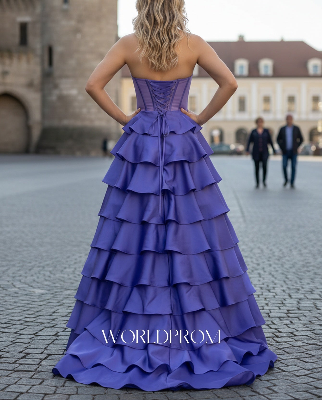 Ruched Bust Illusion Bodice Layered Ruffle Hem Long Ball Gown Prom Dress - Purple