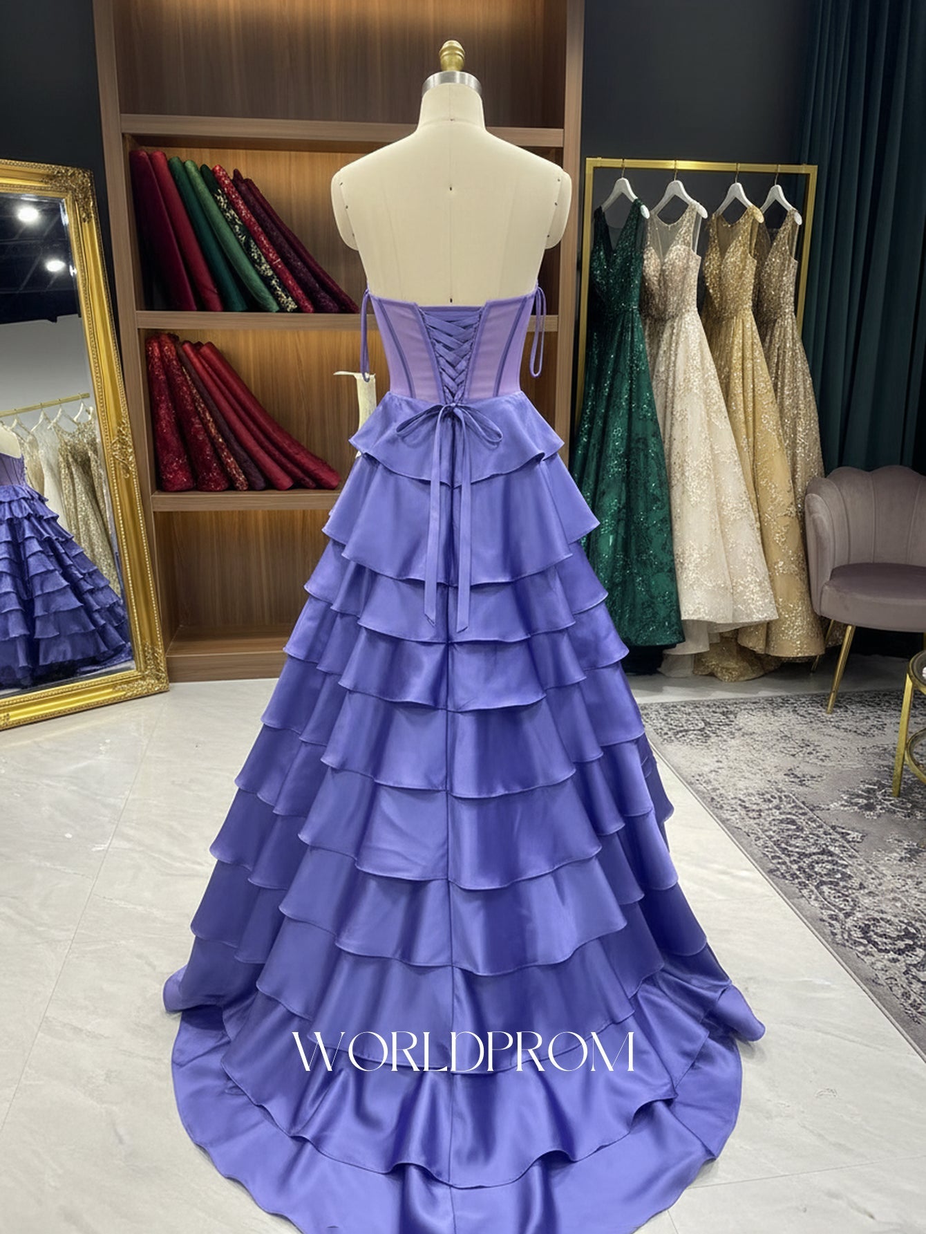 Ruched Bust Illusion Bodice Layered Ruffle Hem Long Ball Gown Prom Dress - Purple