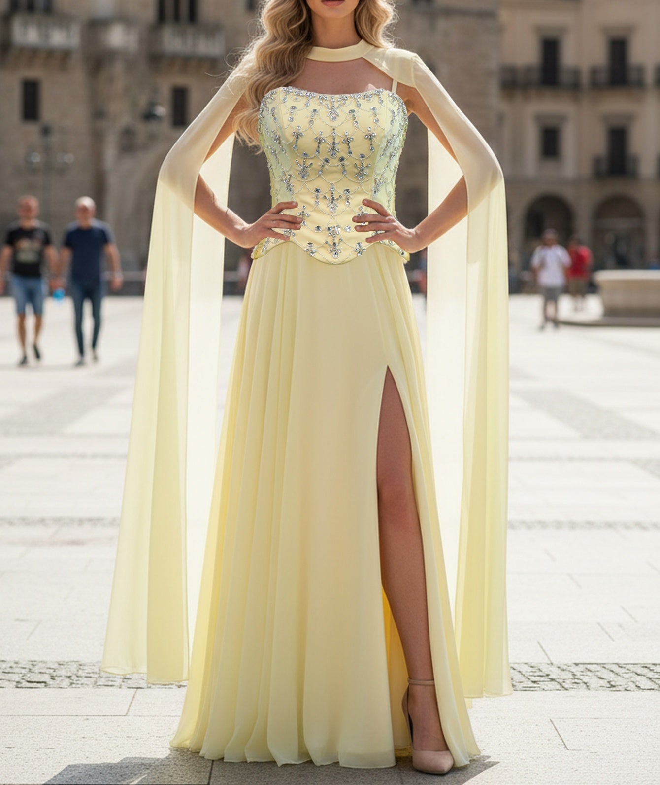 Shawl Sparkly Beading Spaghetti Shoulder Straps A-Line Long Prom Dress With Slit  - Goose Yellow