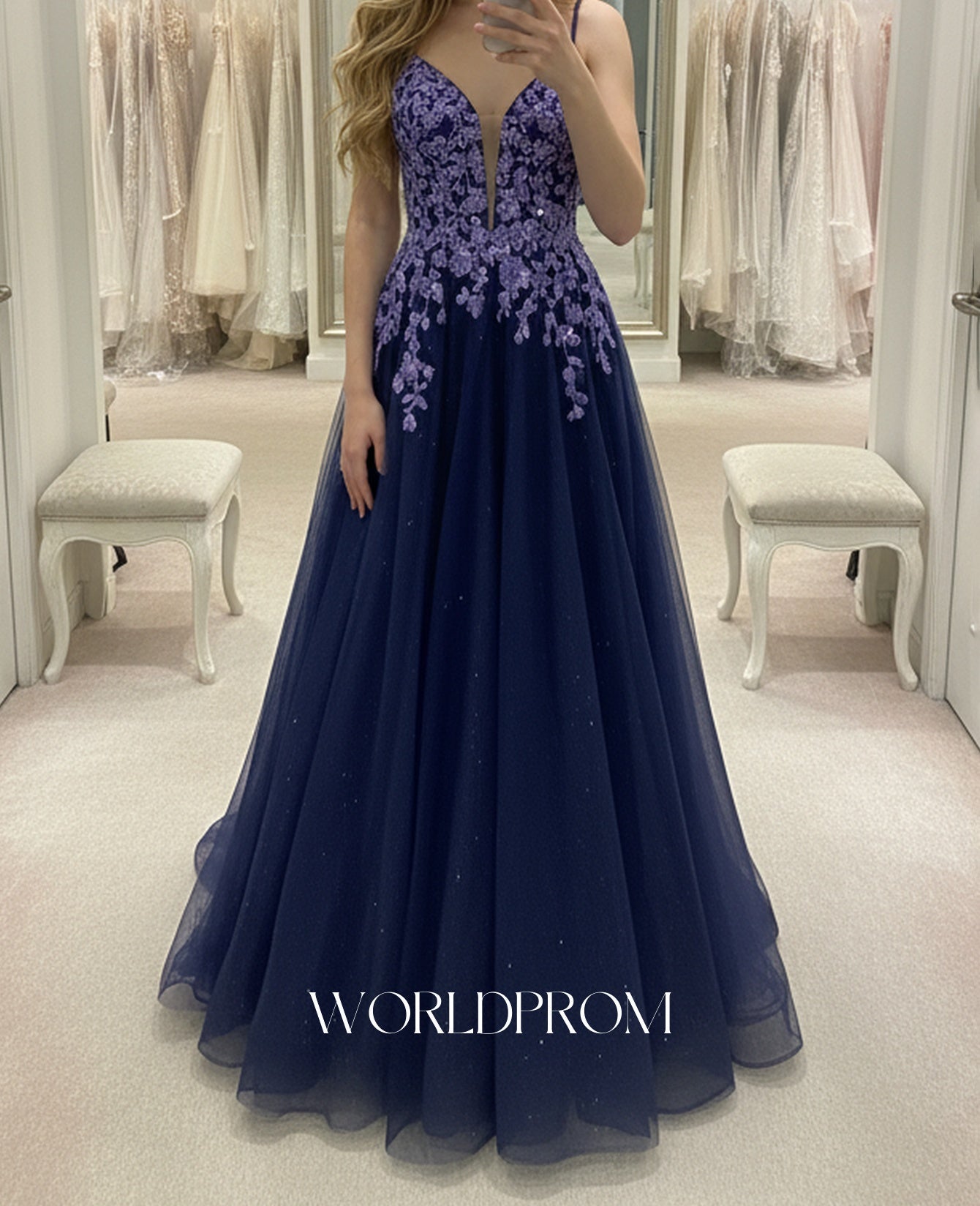 Sparkly Beading Floral Illusion Spaghetti Shoulder Straps A-Line Long Prom Dress - Grape