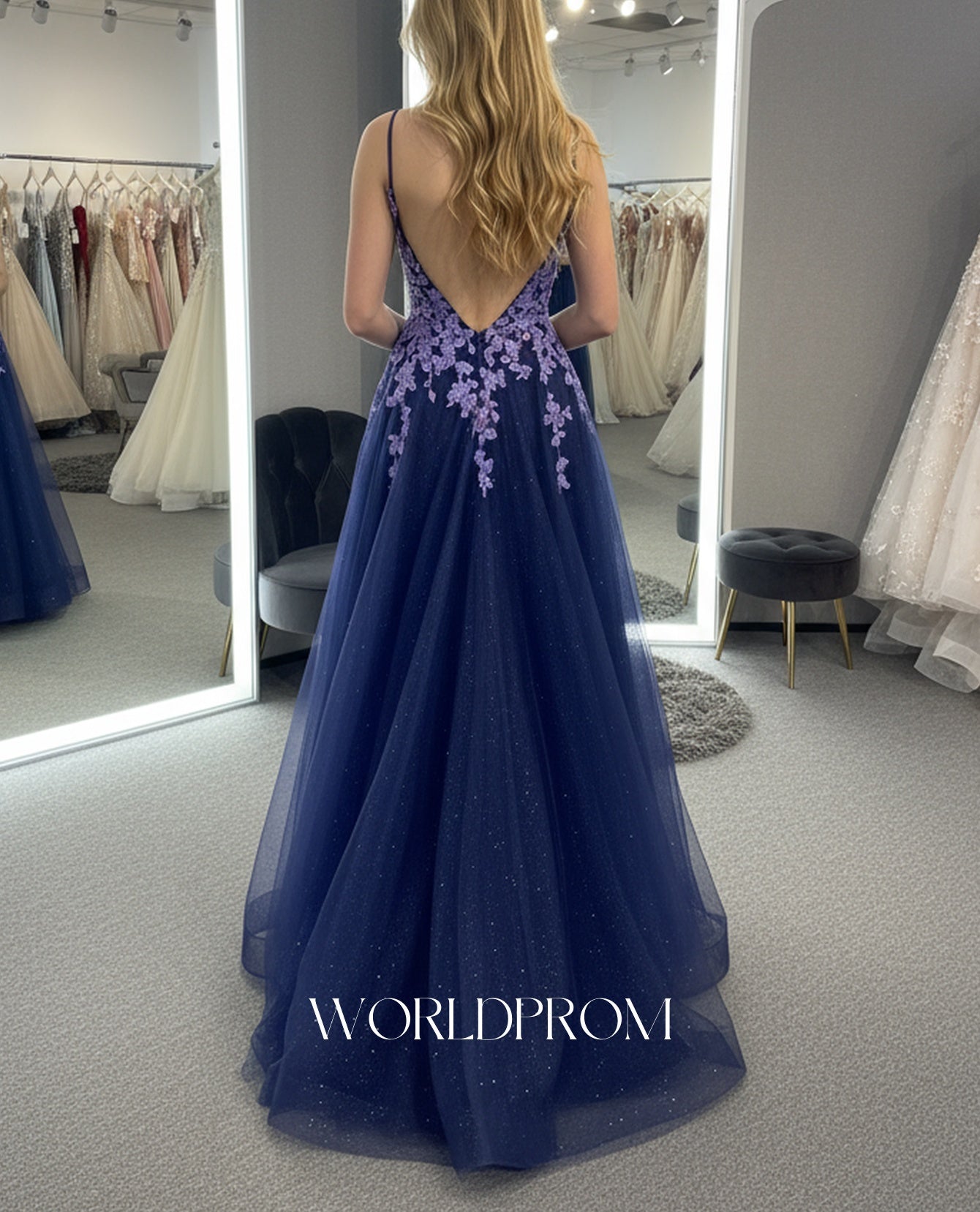 Sparkly Beading Floral Illusion Spaghetti Shoulder Straps A-Line Long Prom Dress - Grape