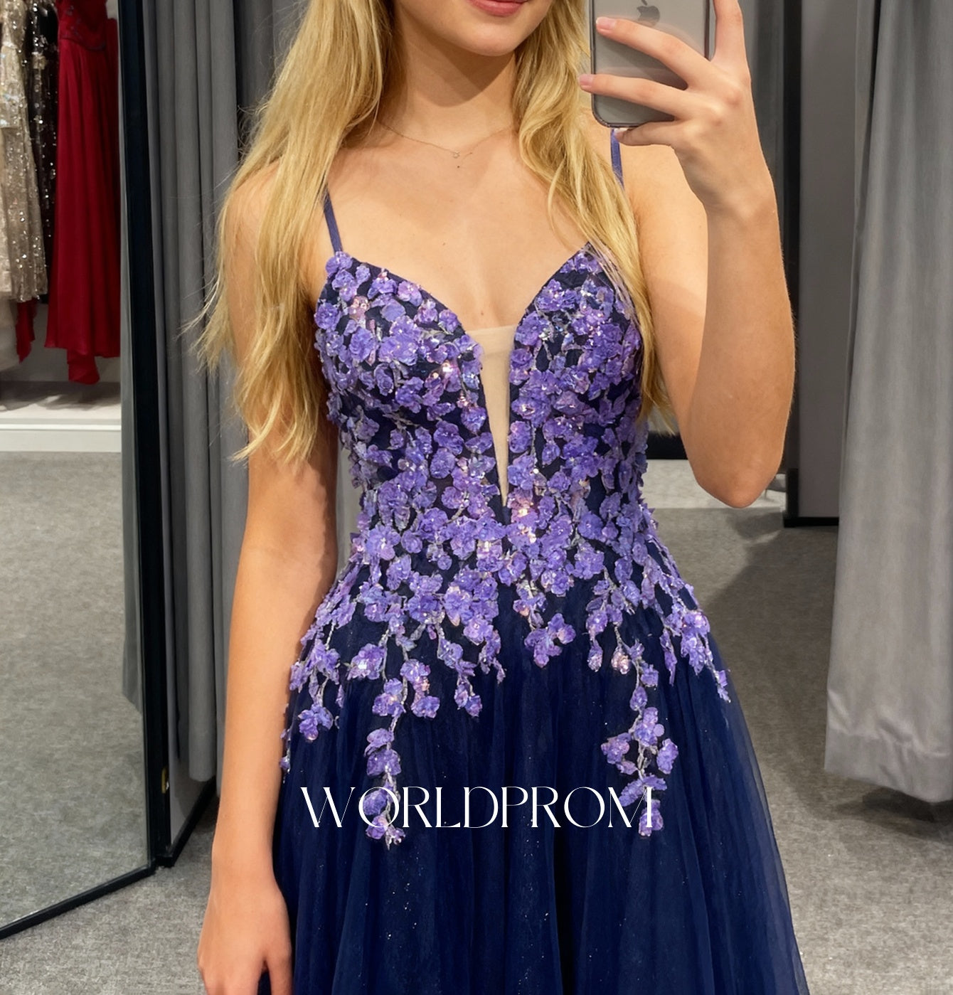 Sparkly Beading Floral Illusion Spaghetti Shoulder Straps A-Line Long Prom Dress - Grape