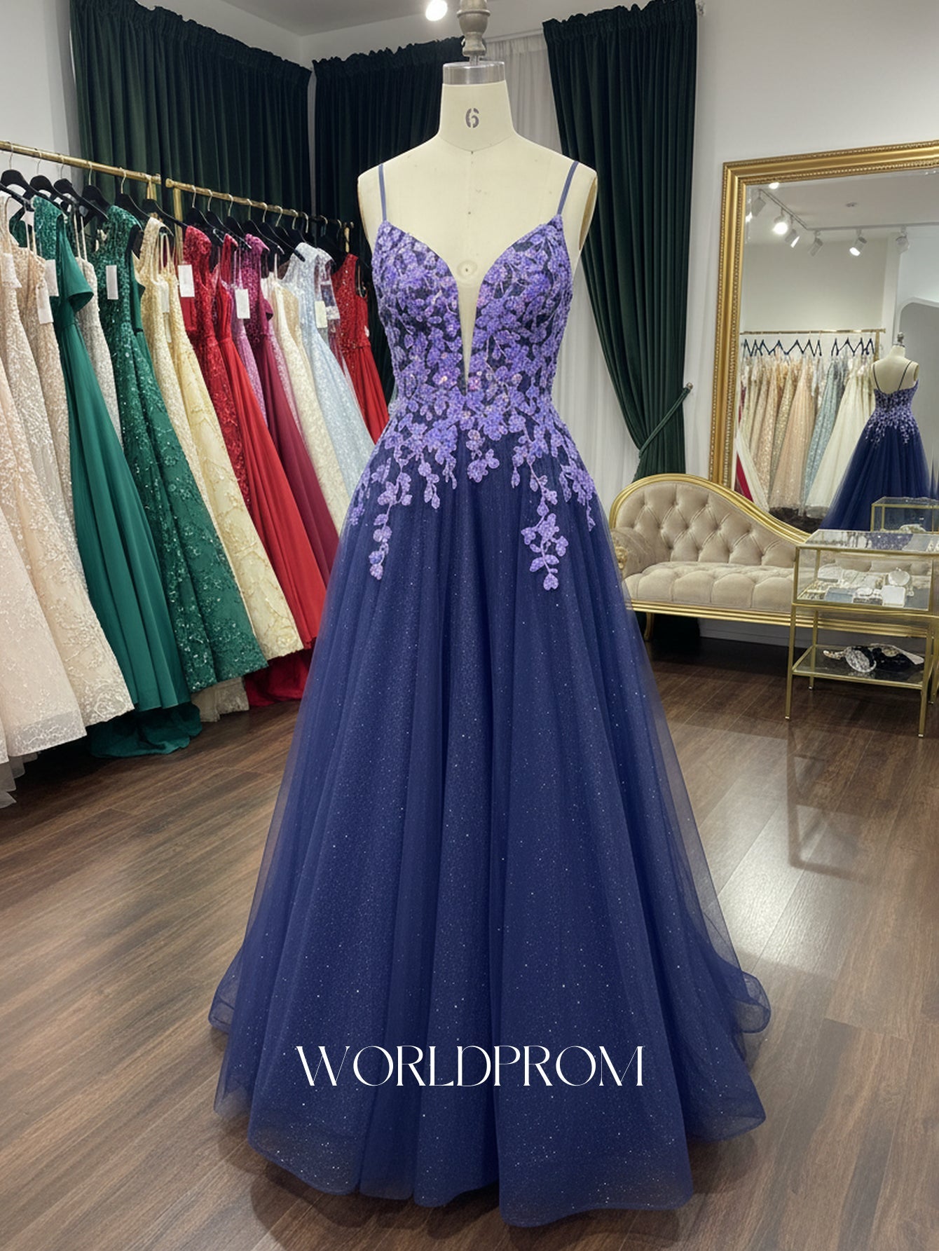 Sparkly Beading Floral Illusion Spaghetti Shoulder Straps A-Line Long Prom Dress - Grape
