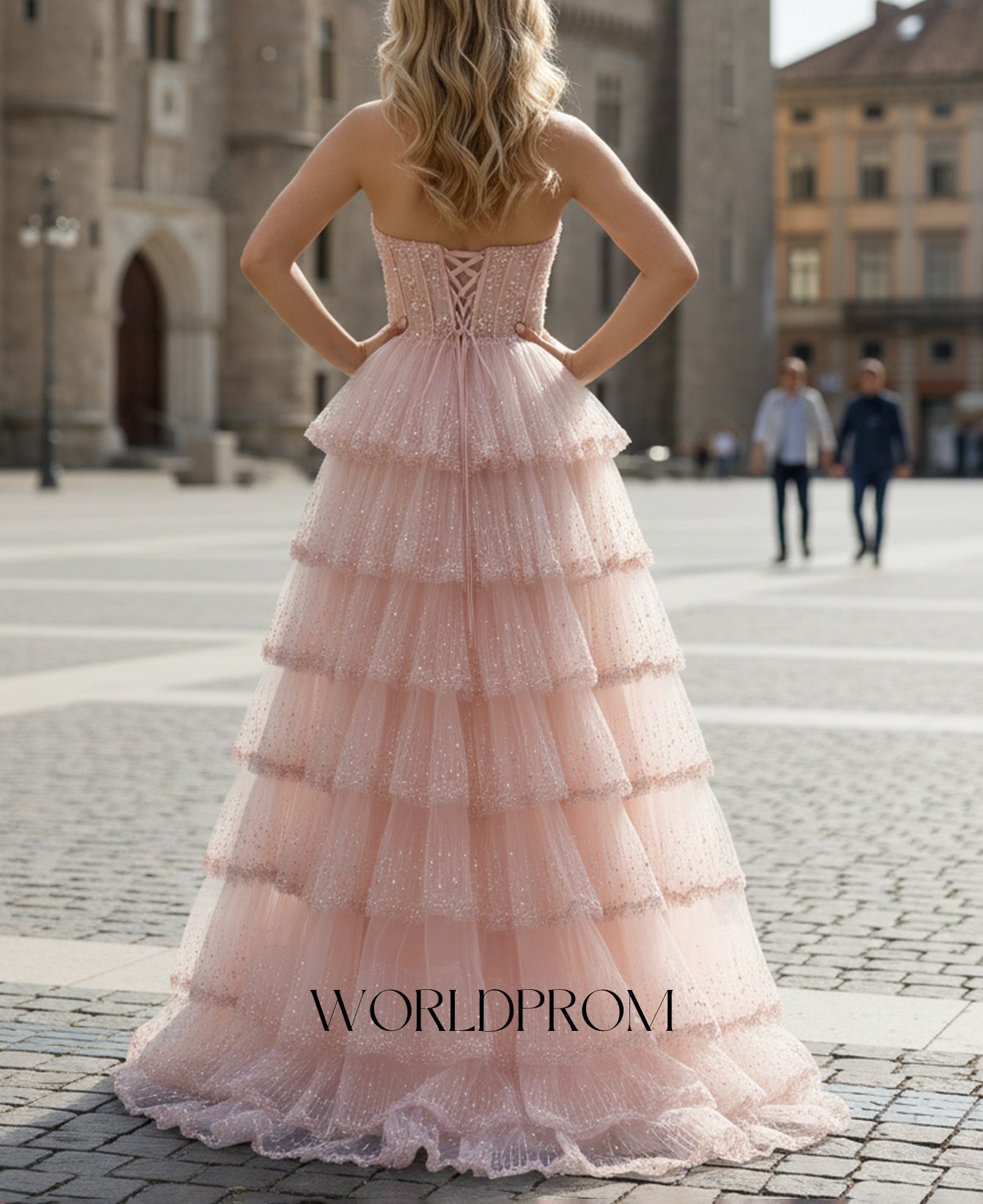 Sweetheart Sparkly Beading Illusion Layered Ruffle Hem Long Prom Dress - Light Pink