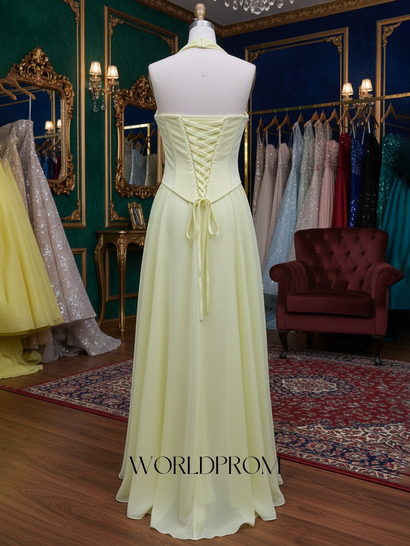 Halter Sparkly Beading Corset A-Line Long Prom Dress - Goose Yellow
