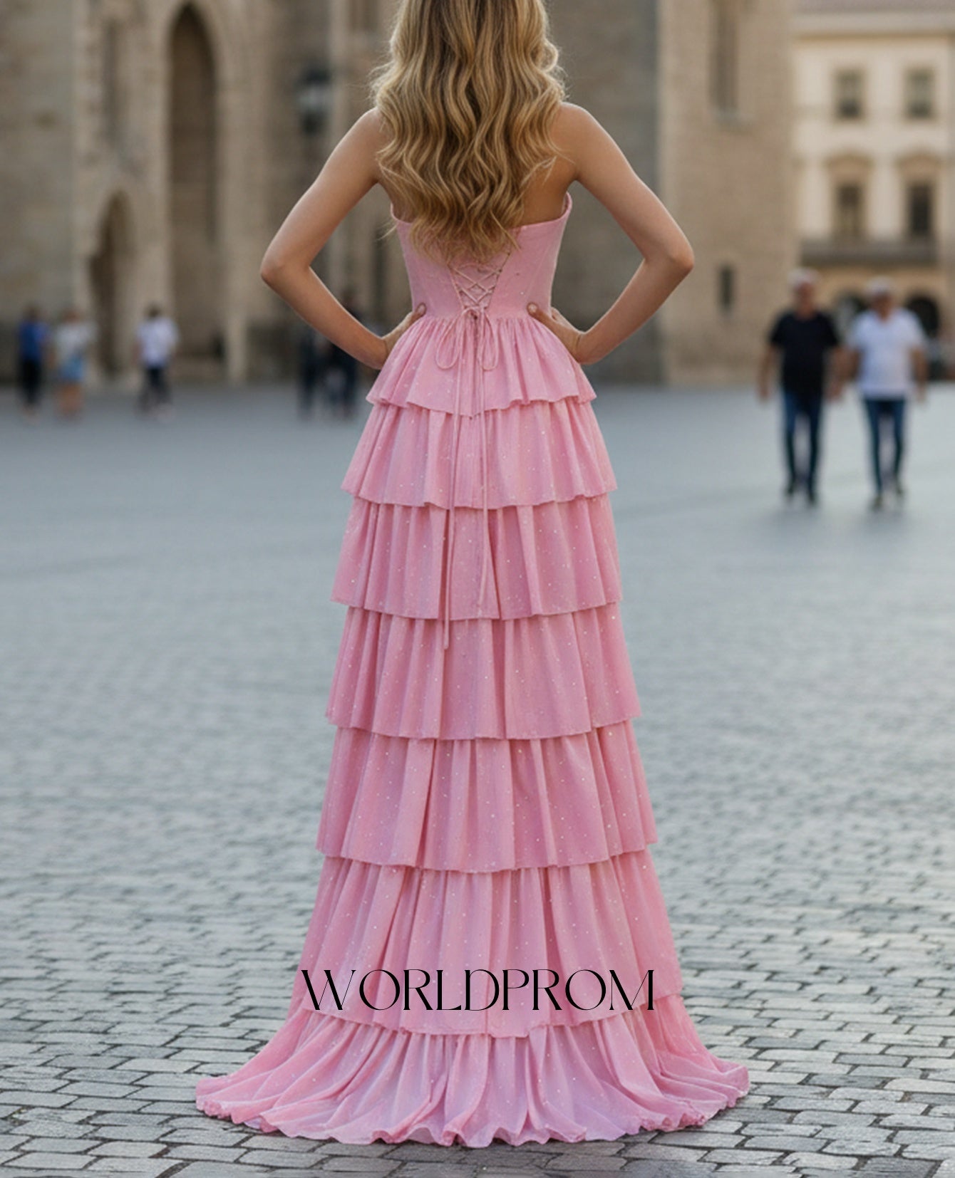 Ruched Bust Cut Front Hot Fix Crystal Layered Ruffle Hem Long Prom Dress - Pink