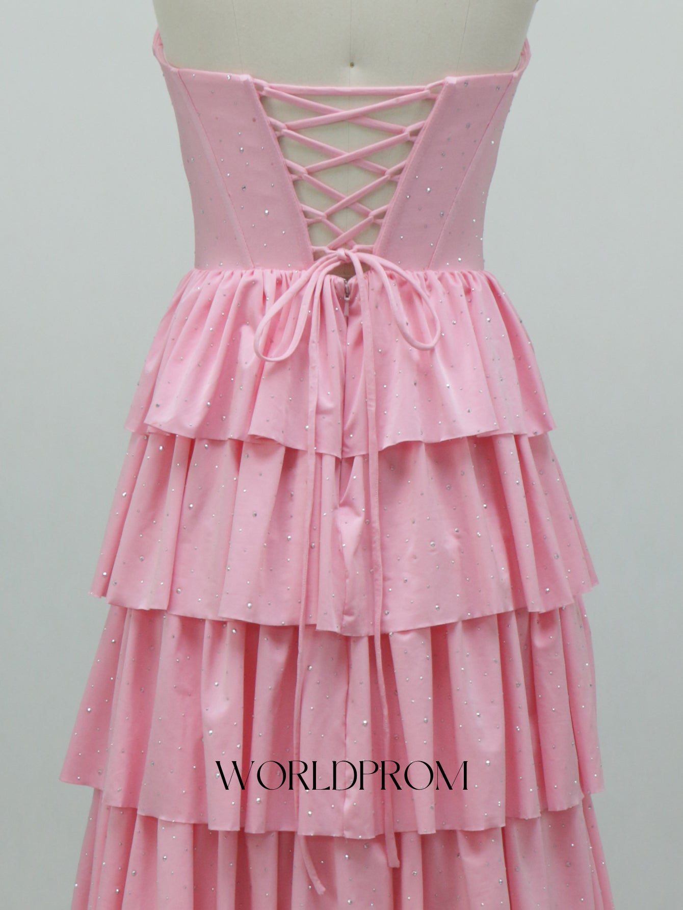 Ruched Bust Cut Front Hot Fix Crystal Layered Ruffle Hem Long Prom Dress - Pink