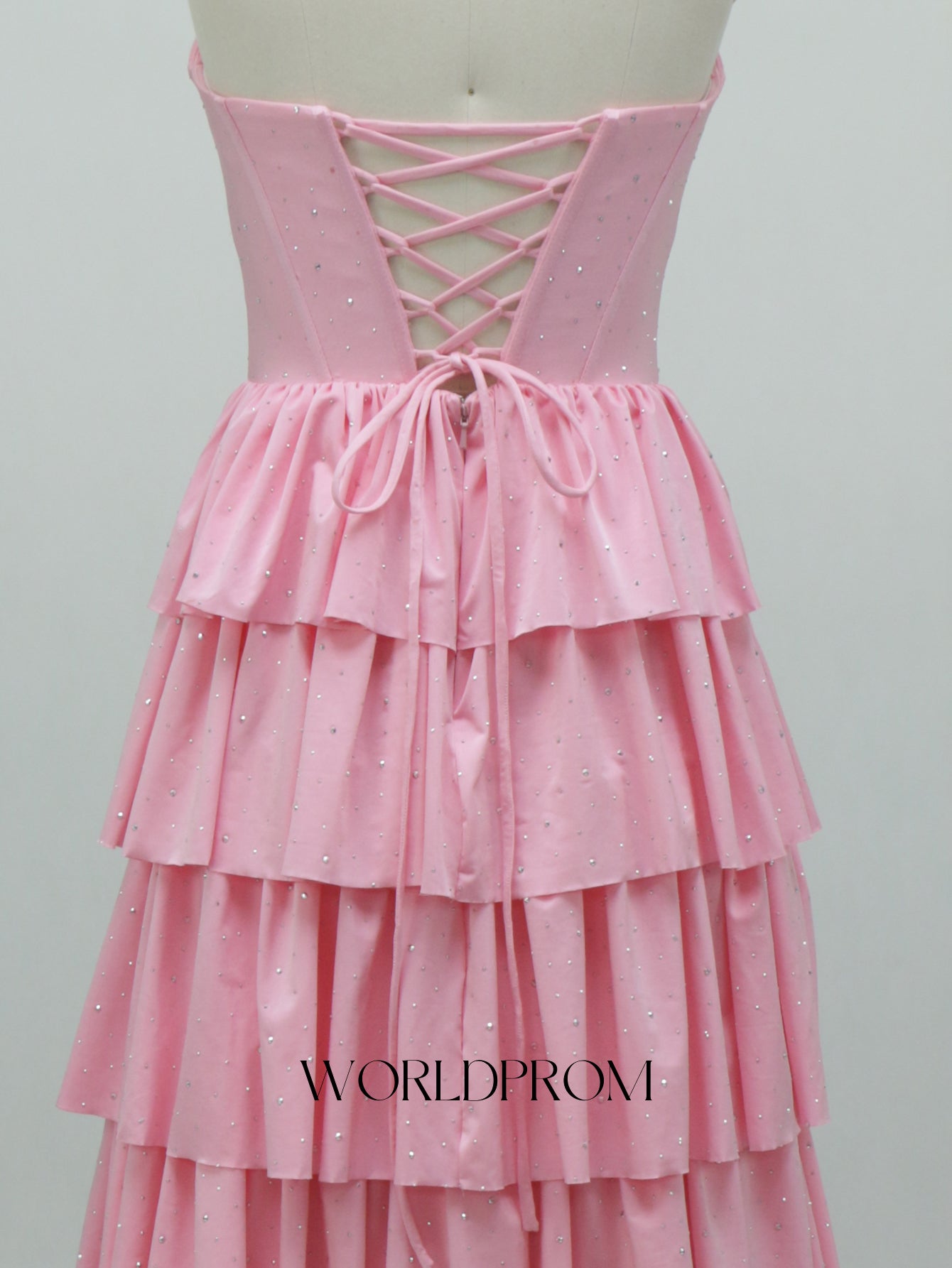 Ruched Bust Cut Front Hot Fix Crystal Layered Ruffle Hem Long Prom Dress With Slit - Pink