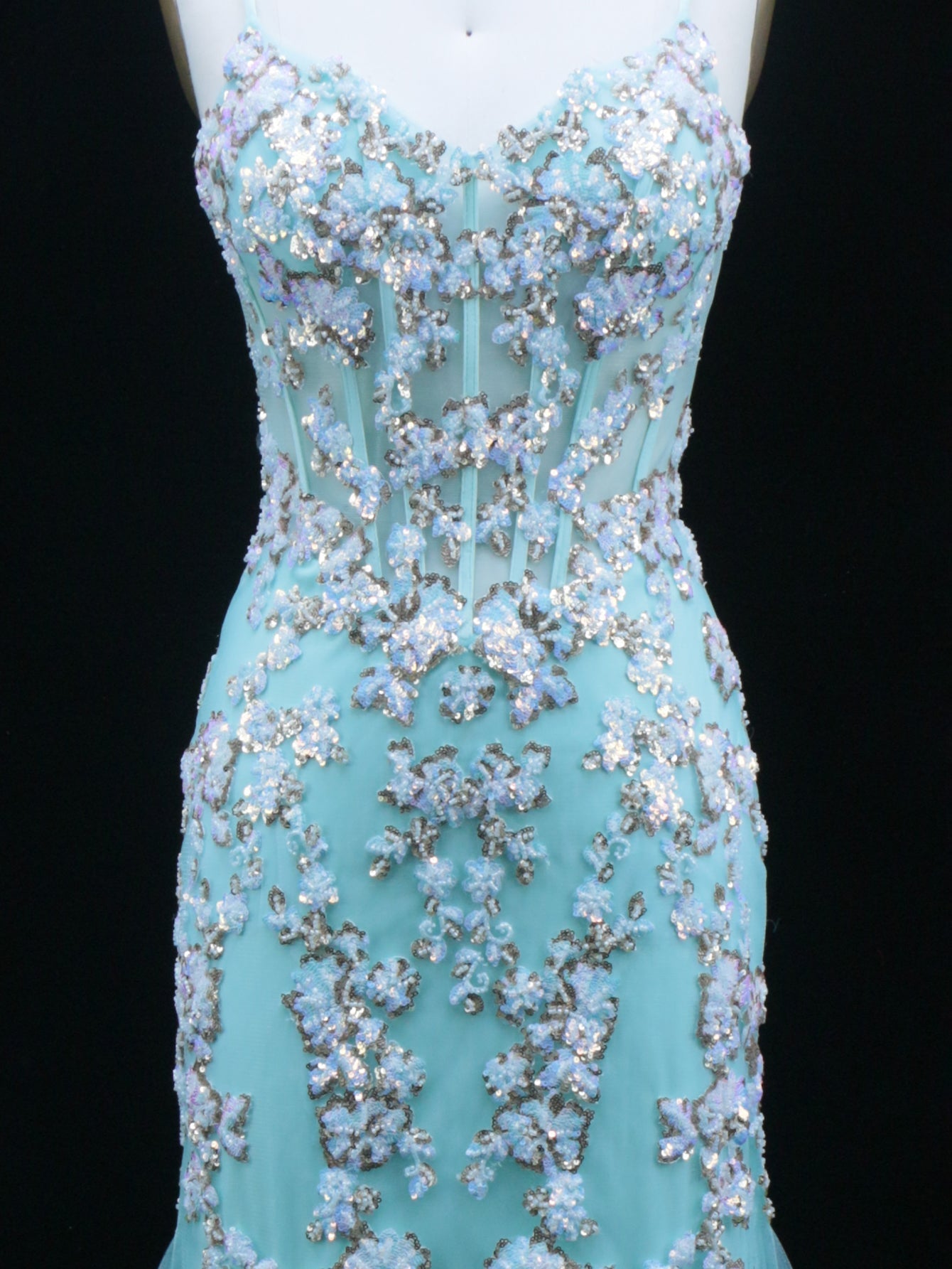 Sparkly Beading Spaghetti Shoulder Straps Floral Mermaid Long Prom Dress - Turquoise