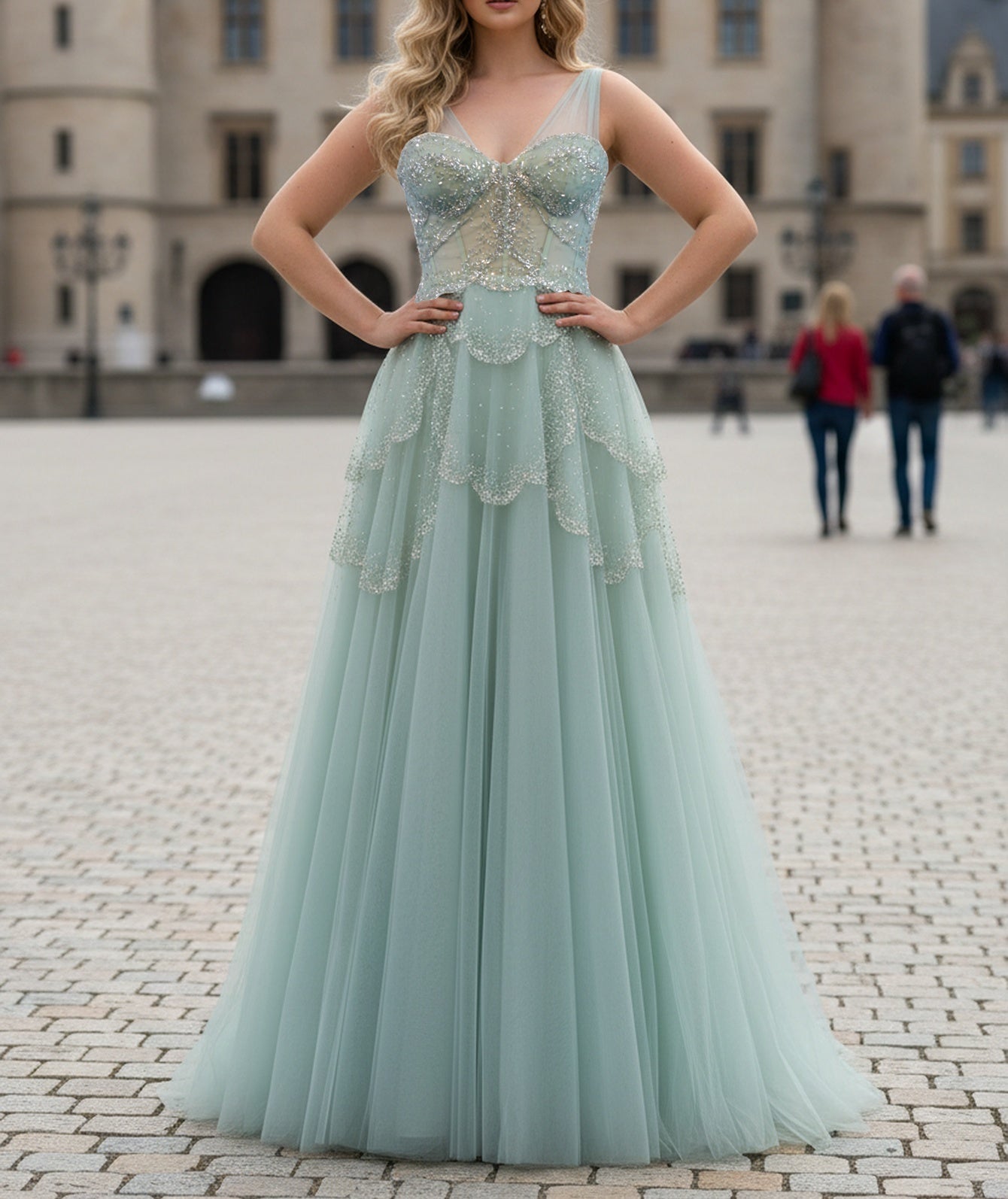 Tank Sparkly Beading Corset A-Line Long Prom Dress - Mint Green