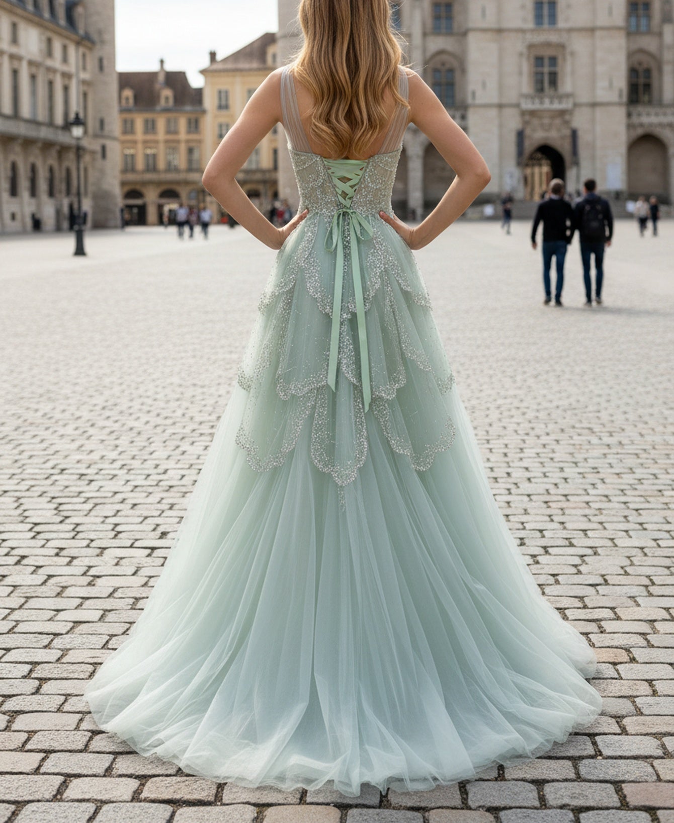 Tank Sparkly Beading Corset A-Line Long Prom Dress - Mint Green