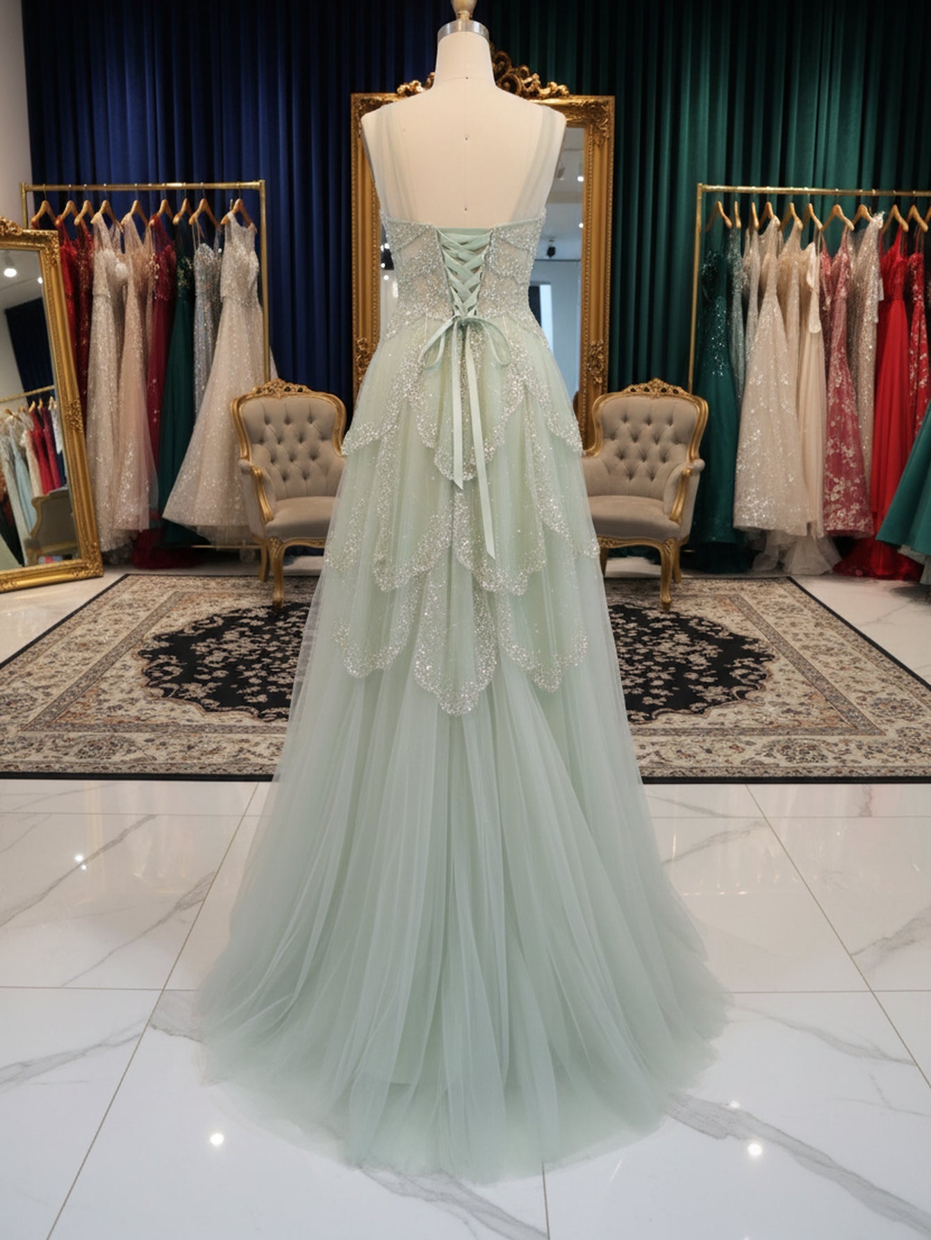 Tank Sparkly Beading Corset A-Line Long Prom Dress - Mint Green
