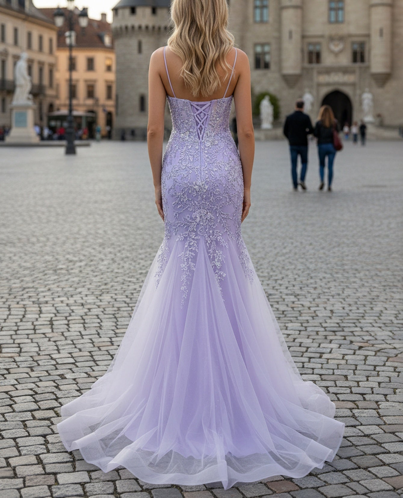 Sparkly Beading Spaghetti Shoulder Straps Lace Illusion Mermaid Long Prom Dress - Lavender