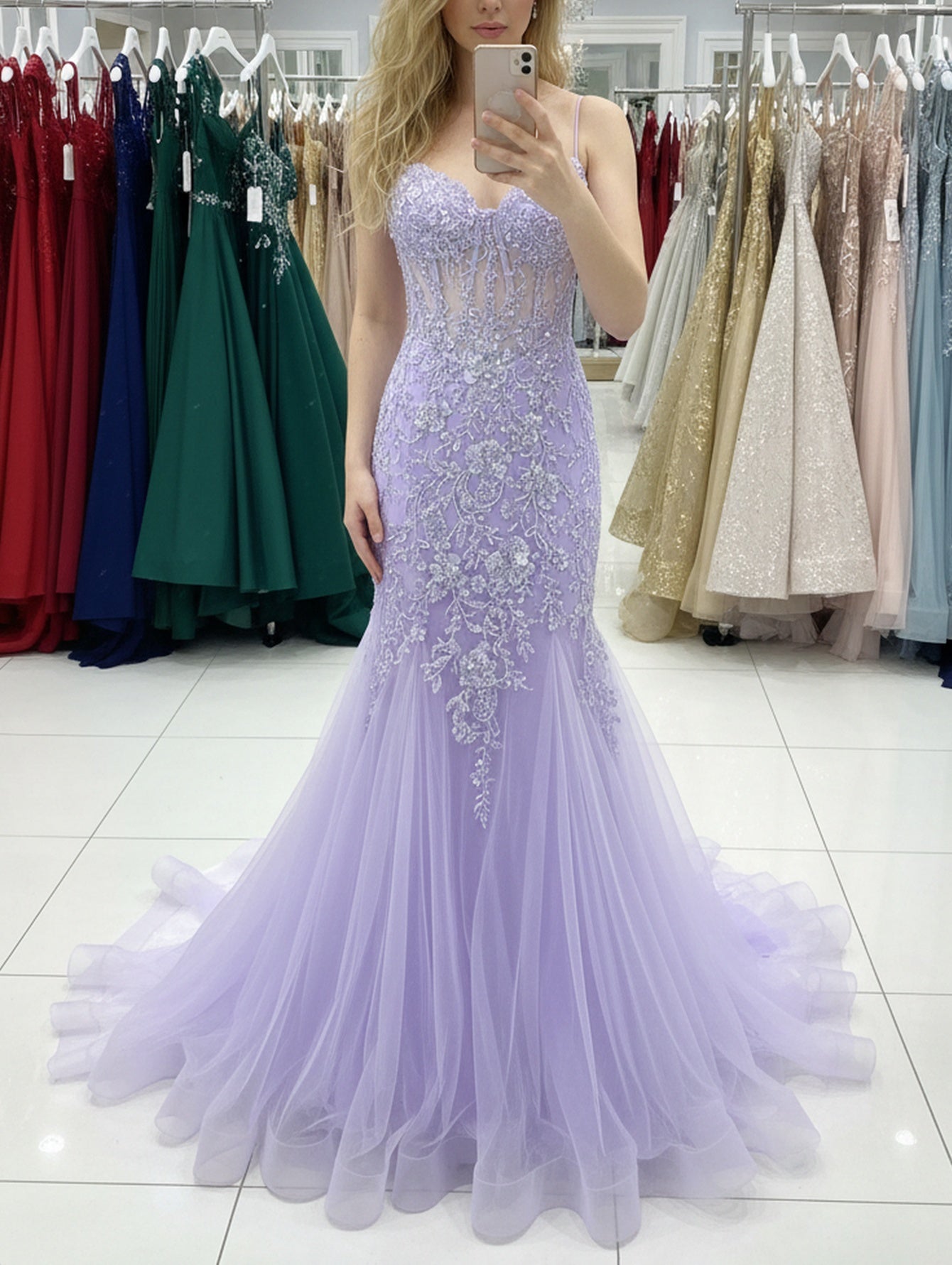 Sparkly Beading Spaghetti Shoulder Straps Lace Illusion Mermaid Long Prom Dress - Lavender