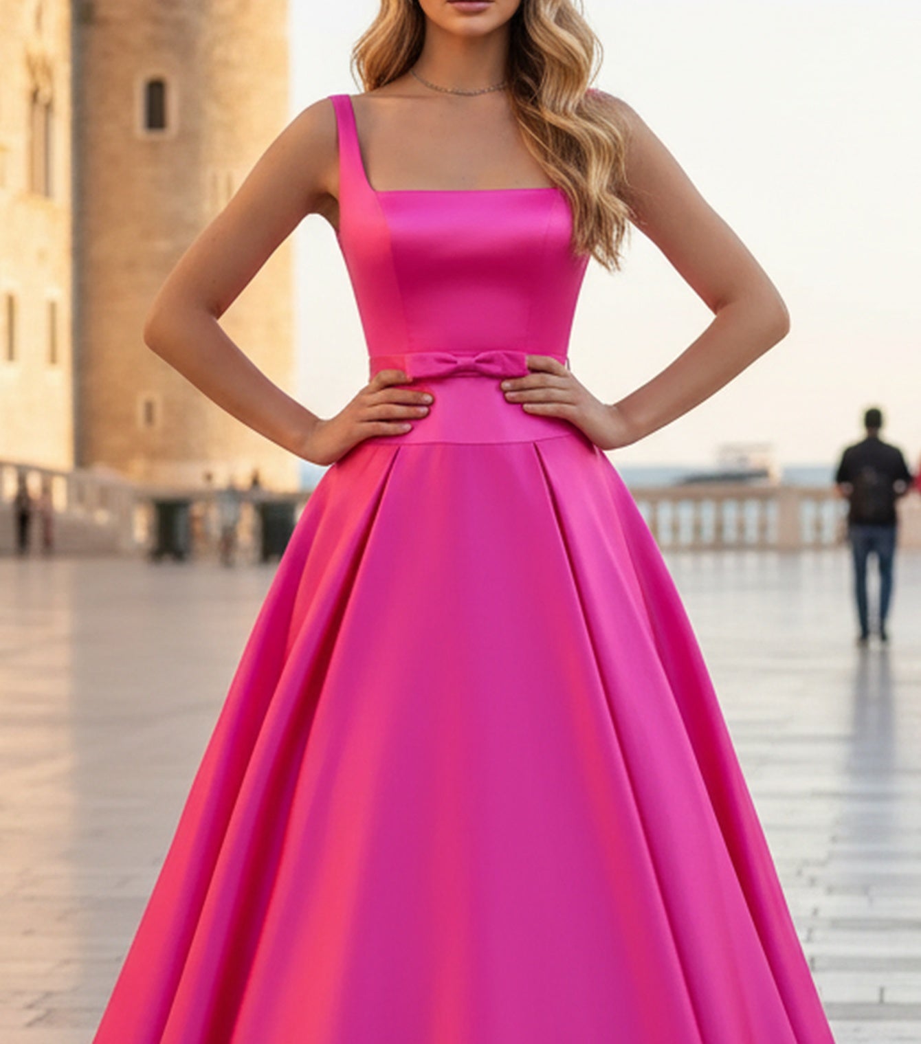 Tank Bow Coset Lace Up Ball Gown Long Prom Dress - Hot Pink