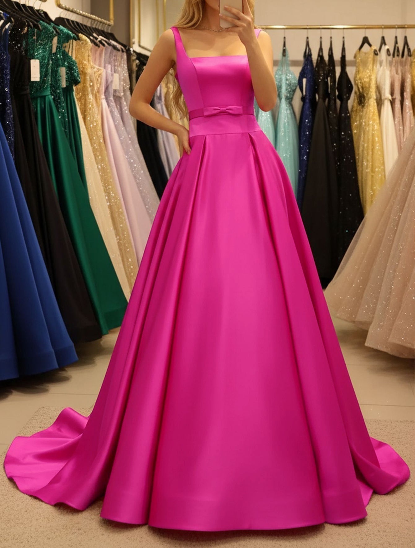 Tank Bow Coset Lace Up Ball Gown Long Prom Dress - Hot Pink