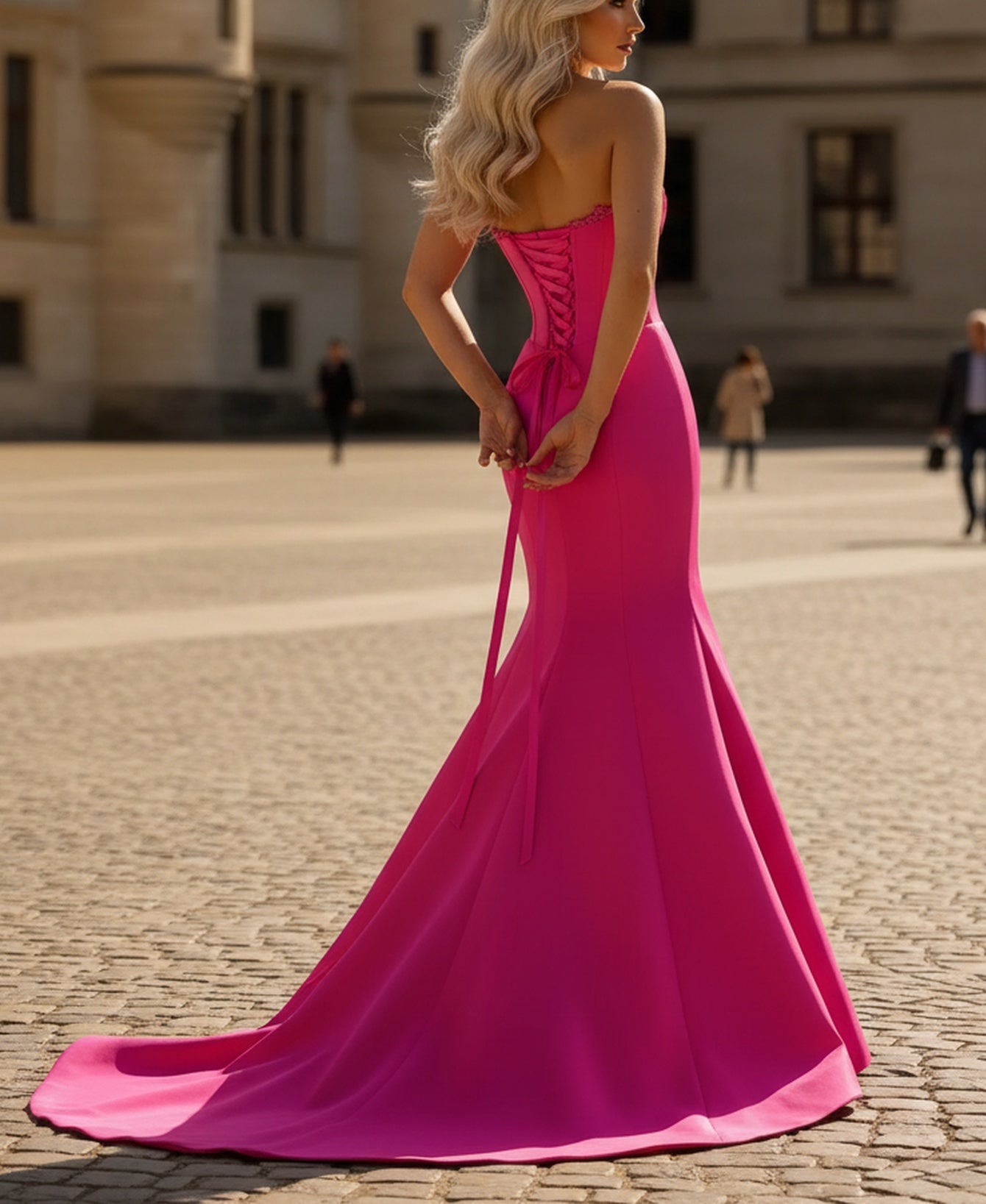 Sweetheart Lace Ruched Bust Corset Pleated Mermaid Long Prom Dress - Hot Pink