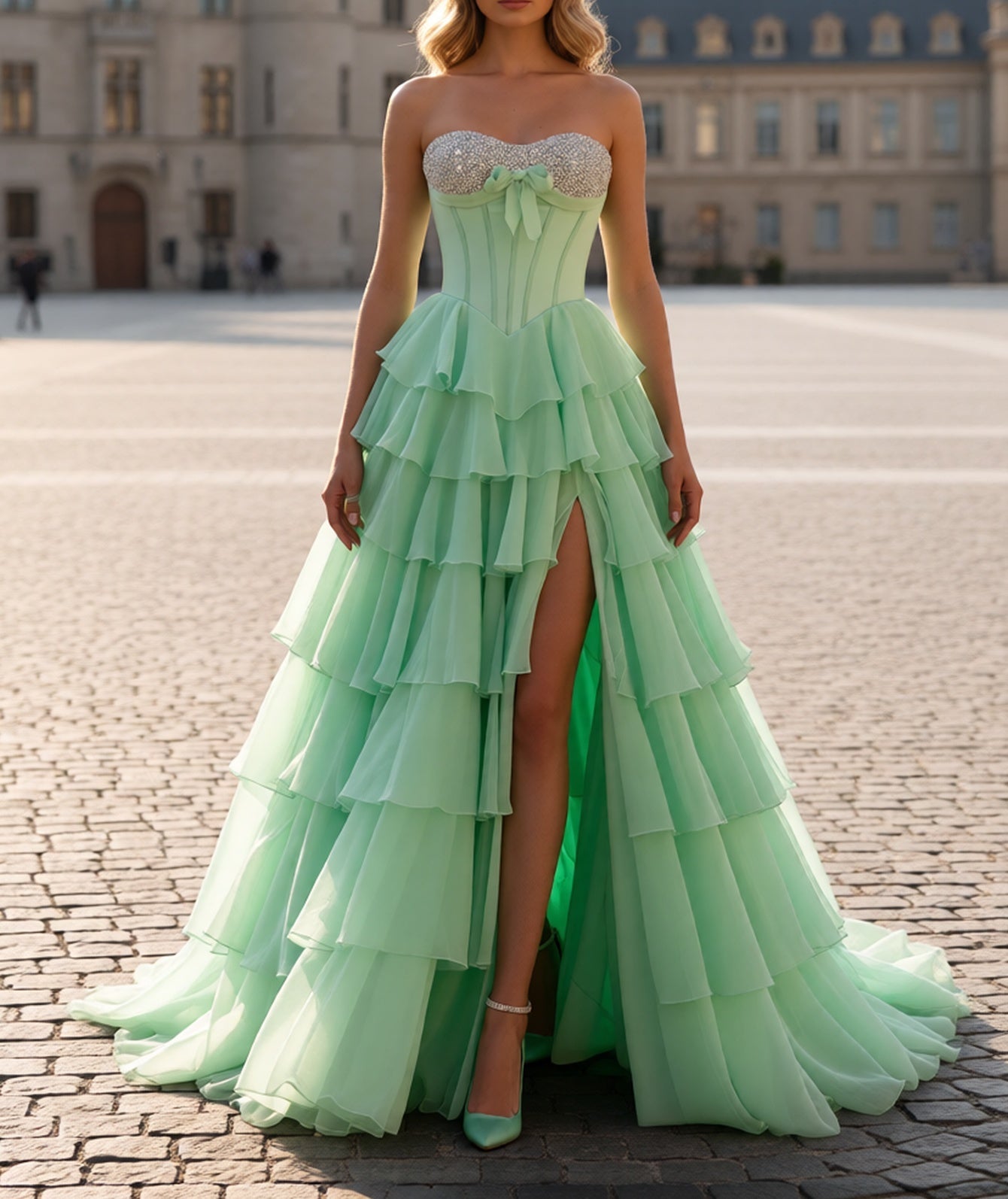 Bow Front Hot Fix Crystal Corset Long Layered Ruffle Hem Prom Dress  - Mint Green