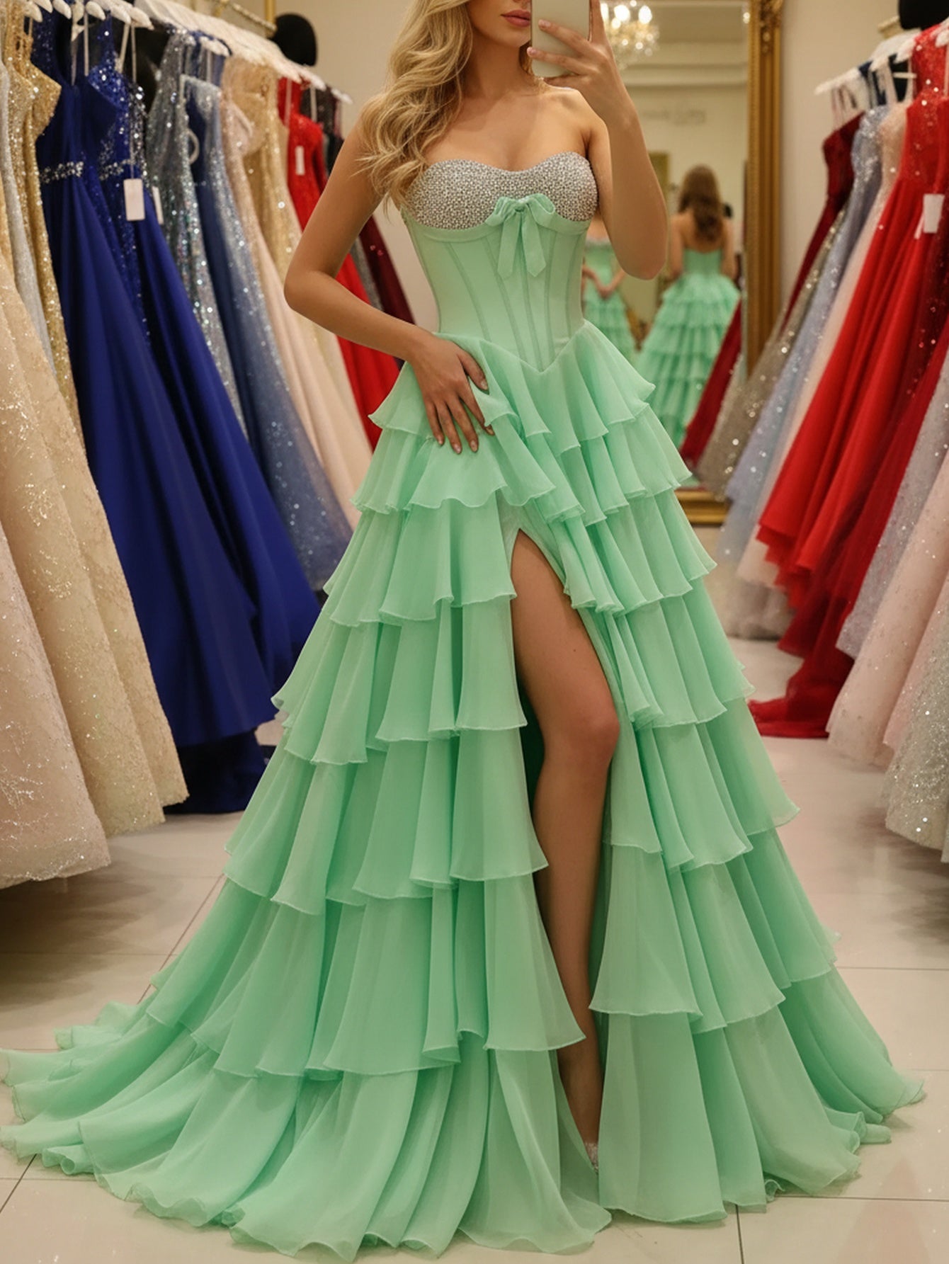 Bow Front Hot Fix Crystal Corset Long Layered Ruffle Hem Prom Dress  - Mint Green