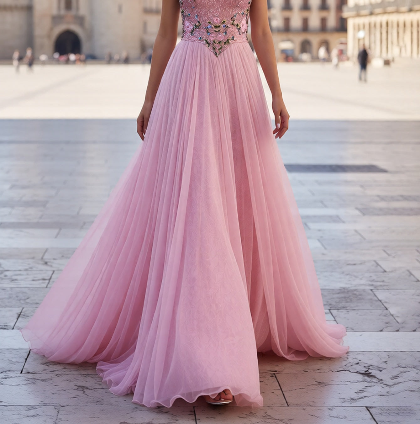 Hot Fix Crystal Corset Floral Long A-Line Prom Dress - Pink