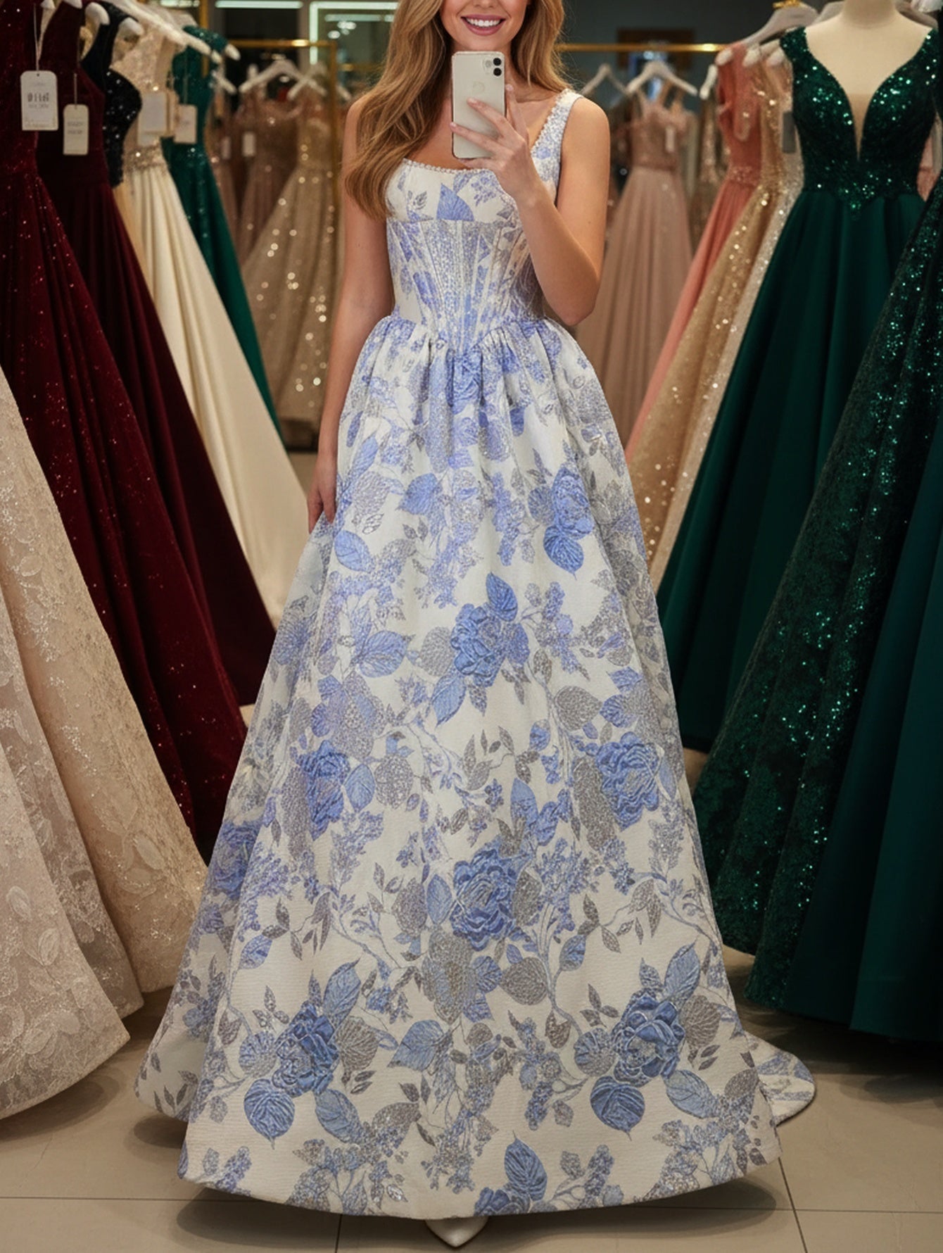 Tank Sparkly Beading Square Floral Long Ball Gown Prom Dress - Blue Floral