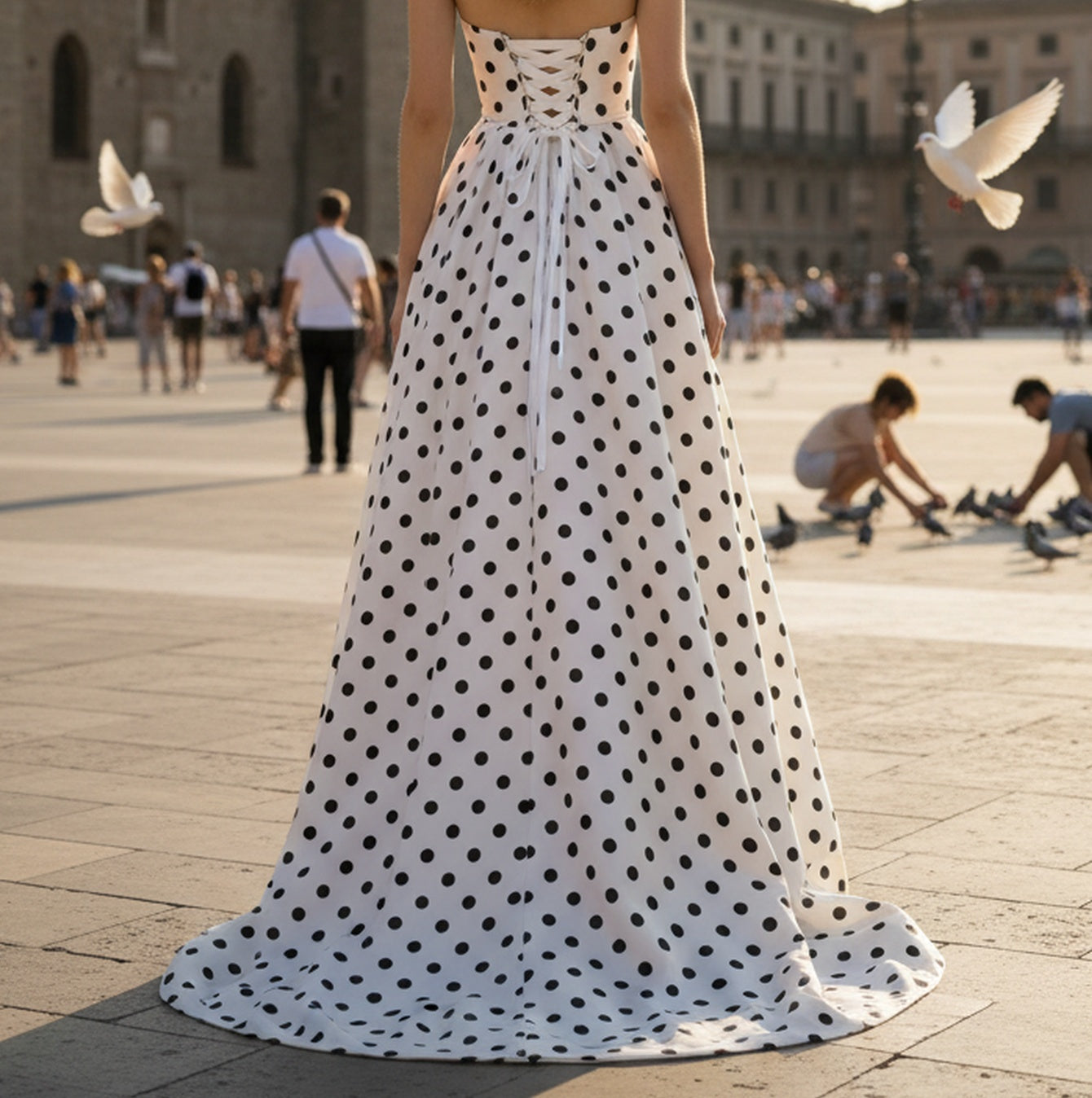 Strapless Corset White Polka Dot Long A-Line Prom Dress With Slit And Pocket - White