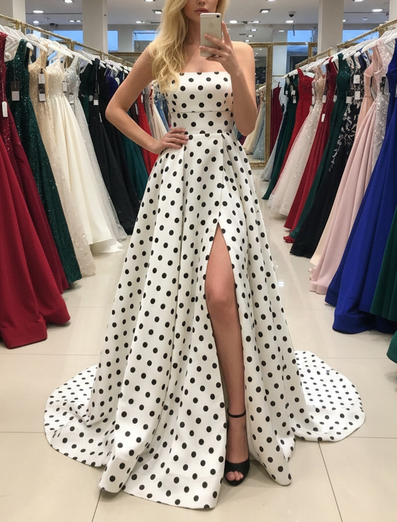Strapless Corset White Polka Dot Long A-Line Prom Dress With Slit And Pocket - White